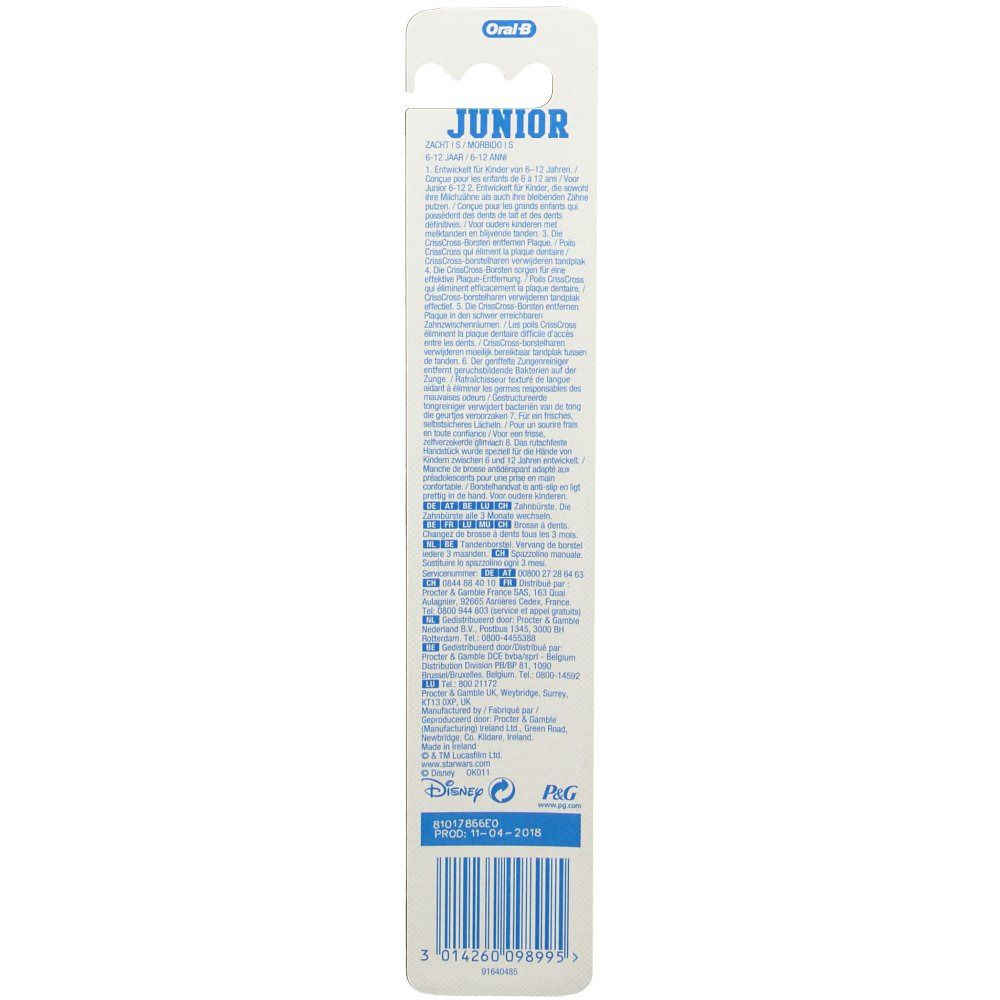 Emballage avec texte. En haut: logo Oral-B et "JUNIOR". En bas: code-barres et logos Disney et P&G.