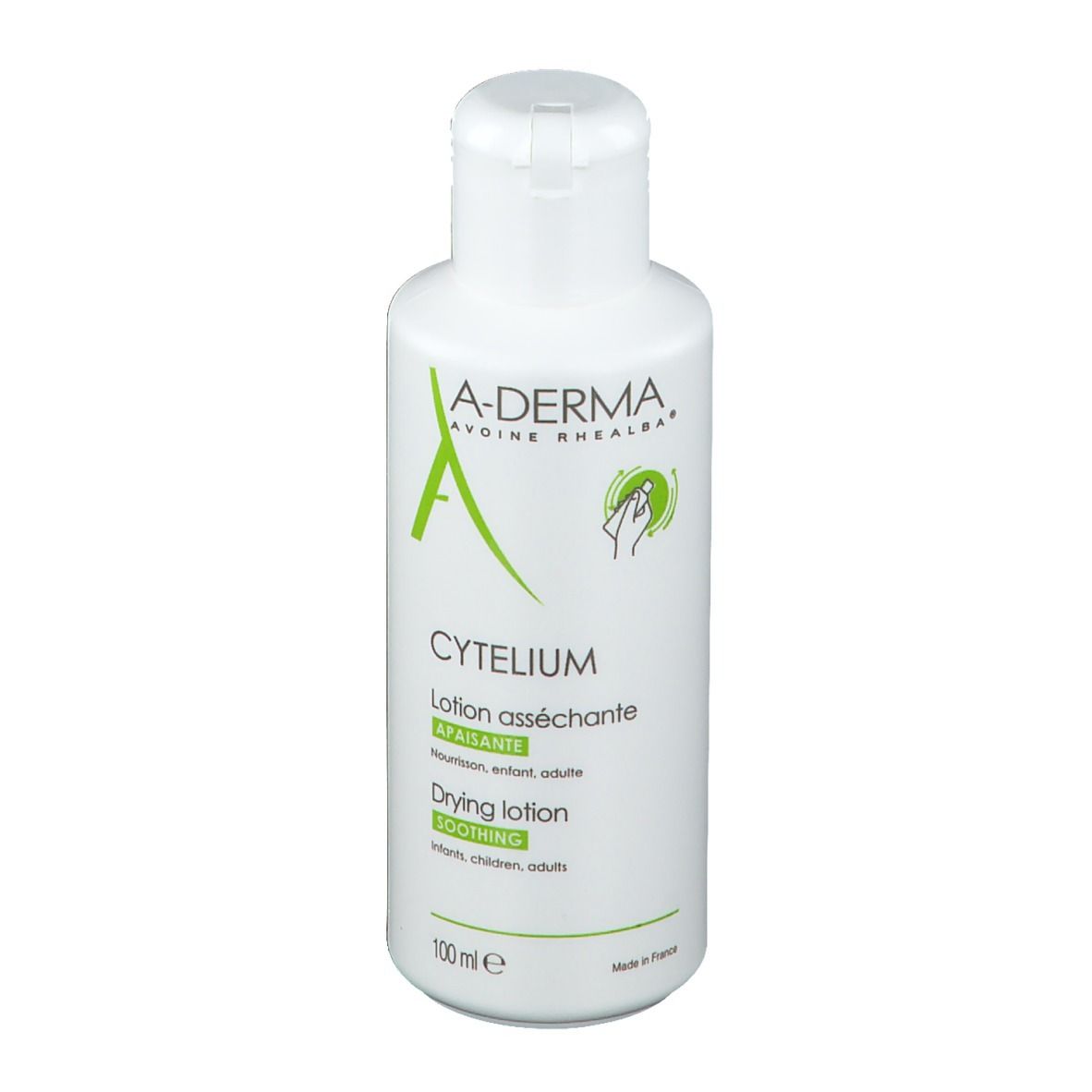 Flacon blanc avec bouchon rabattable. Logos A-DERMA et CYTELIUM. Texte: Lotion asséchante, Drying lotion, 100ml.