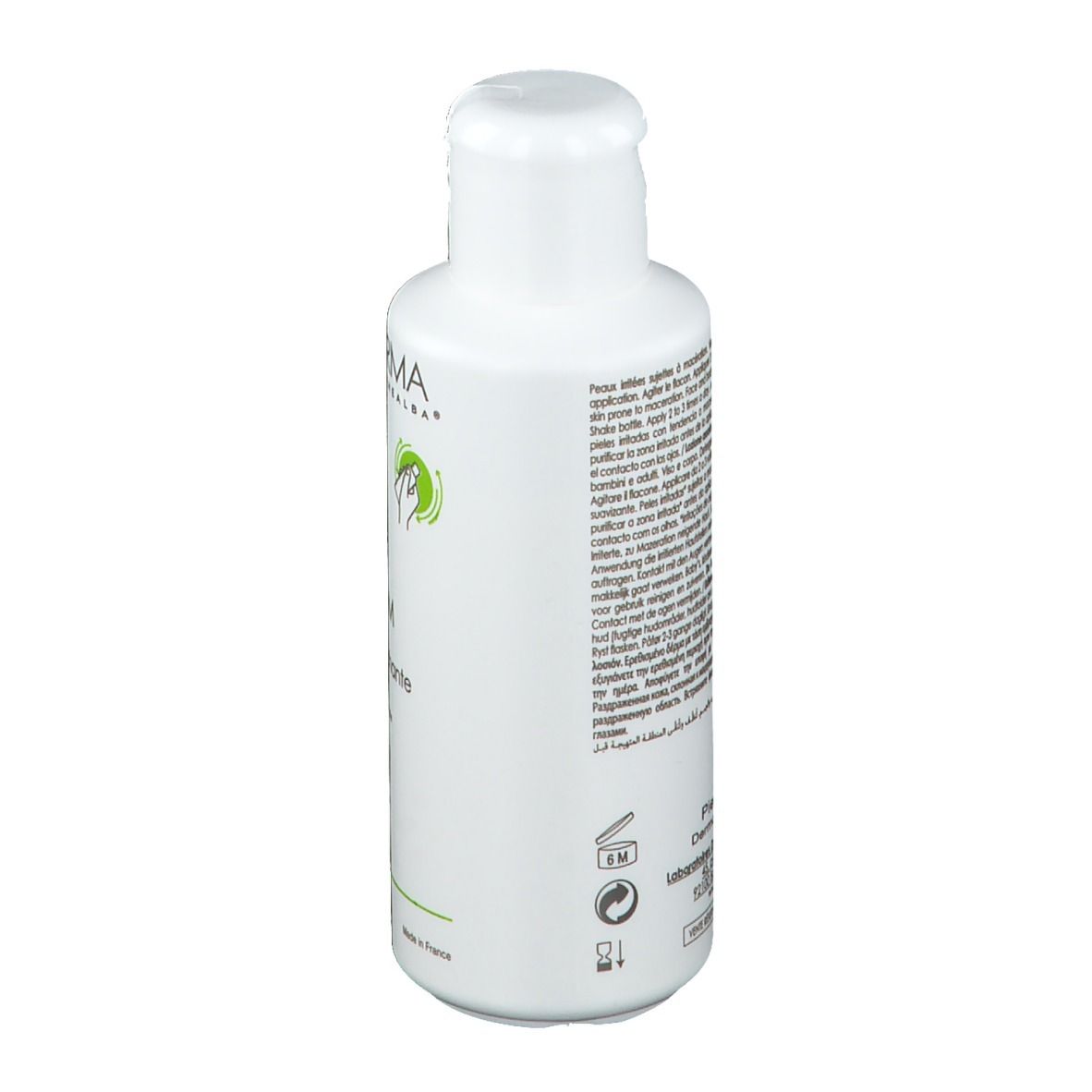 Flacon blanc avec bouchon rabattable. Logos A-DERMA et CYTELIUM. Texte au dos. Informations sur le produit.