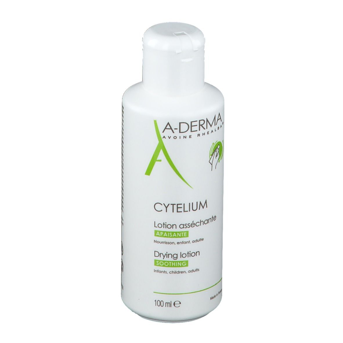 Flacon blanc avec bouchon rabattable. Logos A-DERMA et CYTELIUM. Texte: Lotion asséchante, Drying lotion, 100ml.