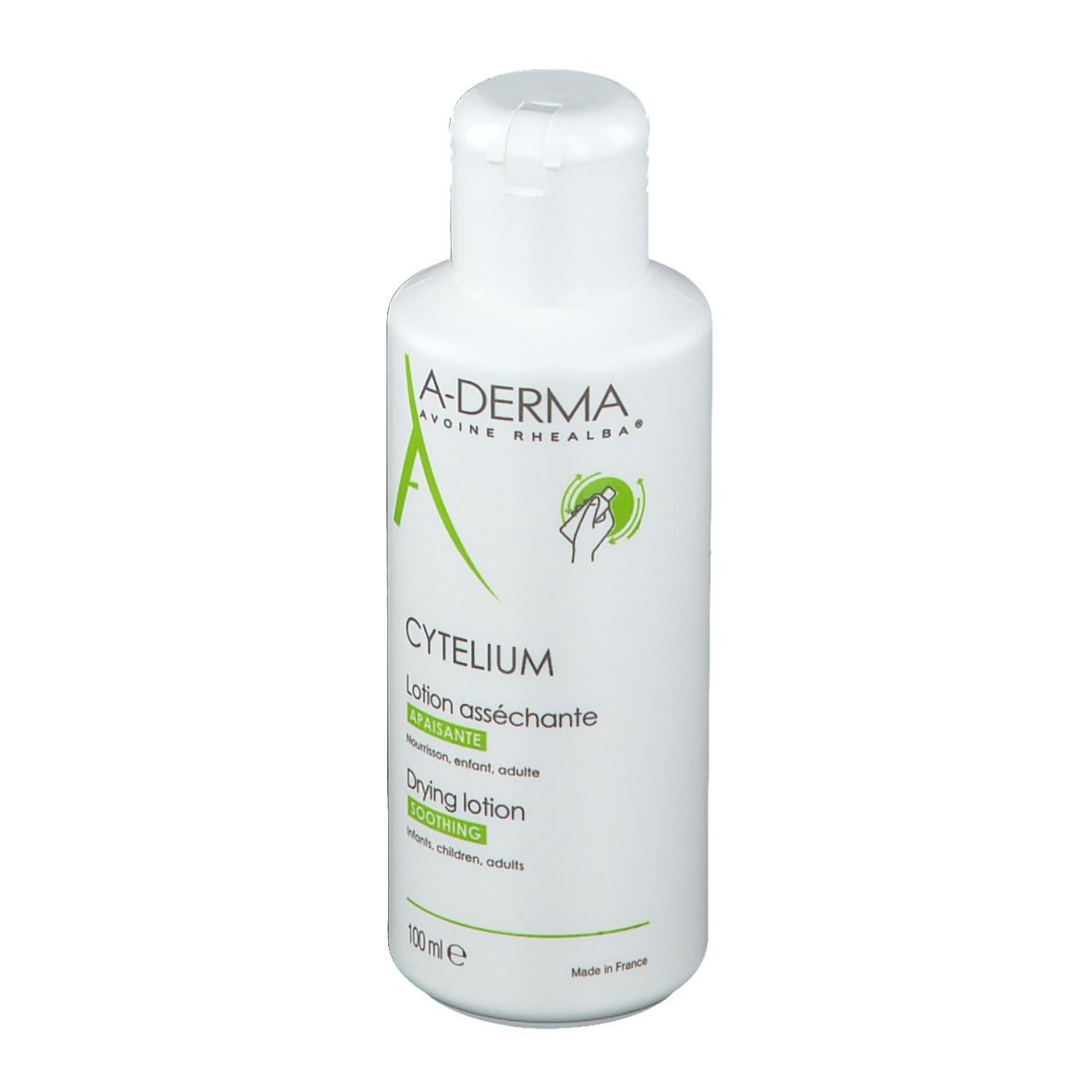 Flacon blanc avec bouchon rabattable. Logos A-DERMA et CYTELIUM. Texte: Lotion asséchante, Drying lotion, 100ml.