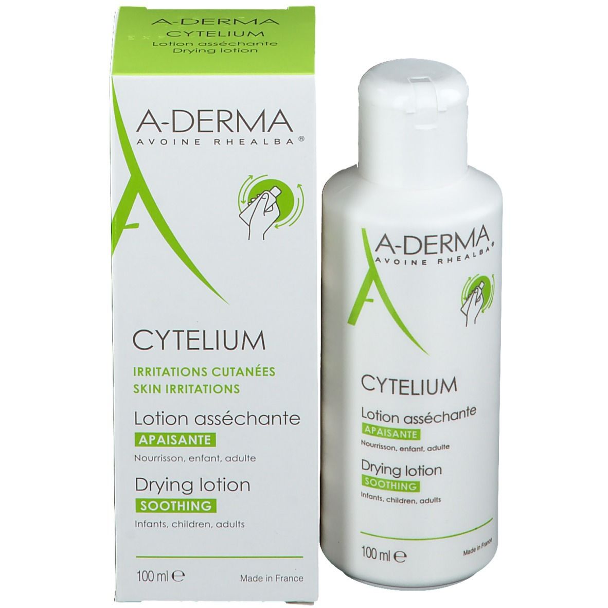 Emballage et flacon. A-DERMA CYTELIUM. Texte: Irritations cutanées, Lotion asséchante, Drying lotion, 100ml.