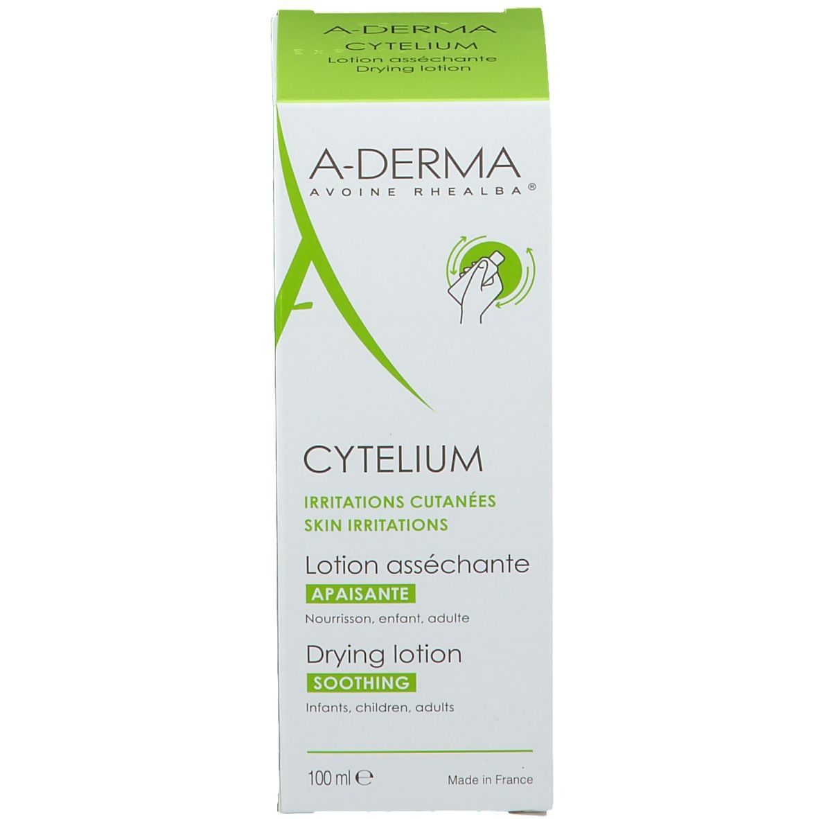 Emballage du produit. A-DERMA CYTELIUM. Texte: Irritations cutanées, Lotion asséchante, Drying lotion, 100ml.