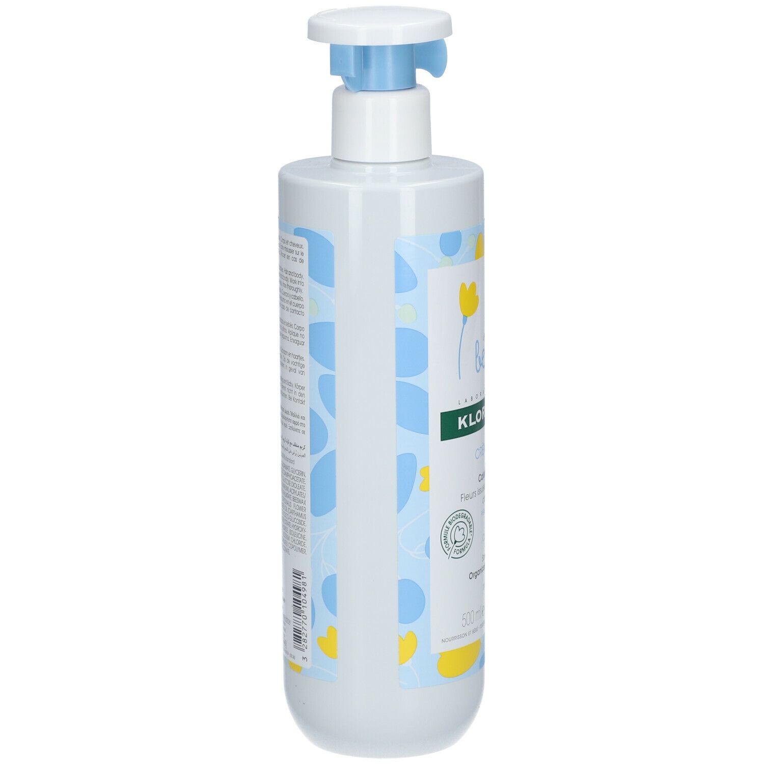Flacon blanc avec pompe bleue. Inscription: KLORANE Bébé Crème Lavante Cold Cream. Calendula bio.