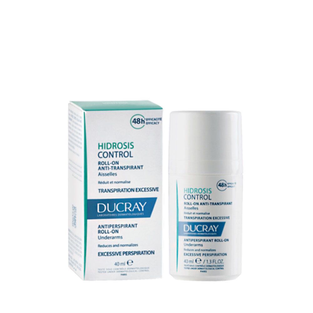 Ducray HIDROSIS CONTROL Roll-On et emballage. Flacon roll-on blanc et boîte avec informations produit.