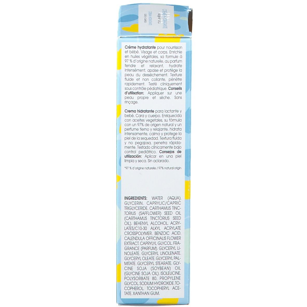 Dos de l'emballage du produit. Texte multilingue: utilisation, ingrédients. Design floral.