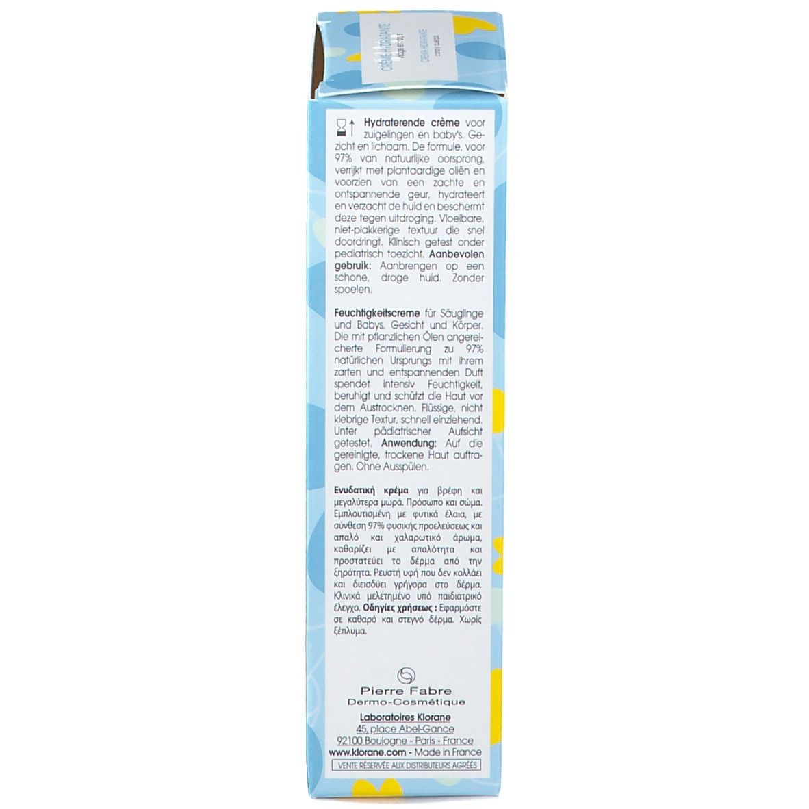 Dos de l'emballage du produit. Texte multilingue: utilisation, ingrédients. Design floral.