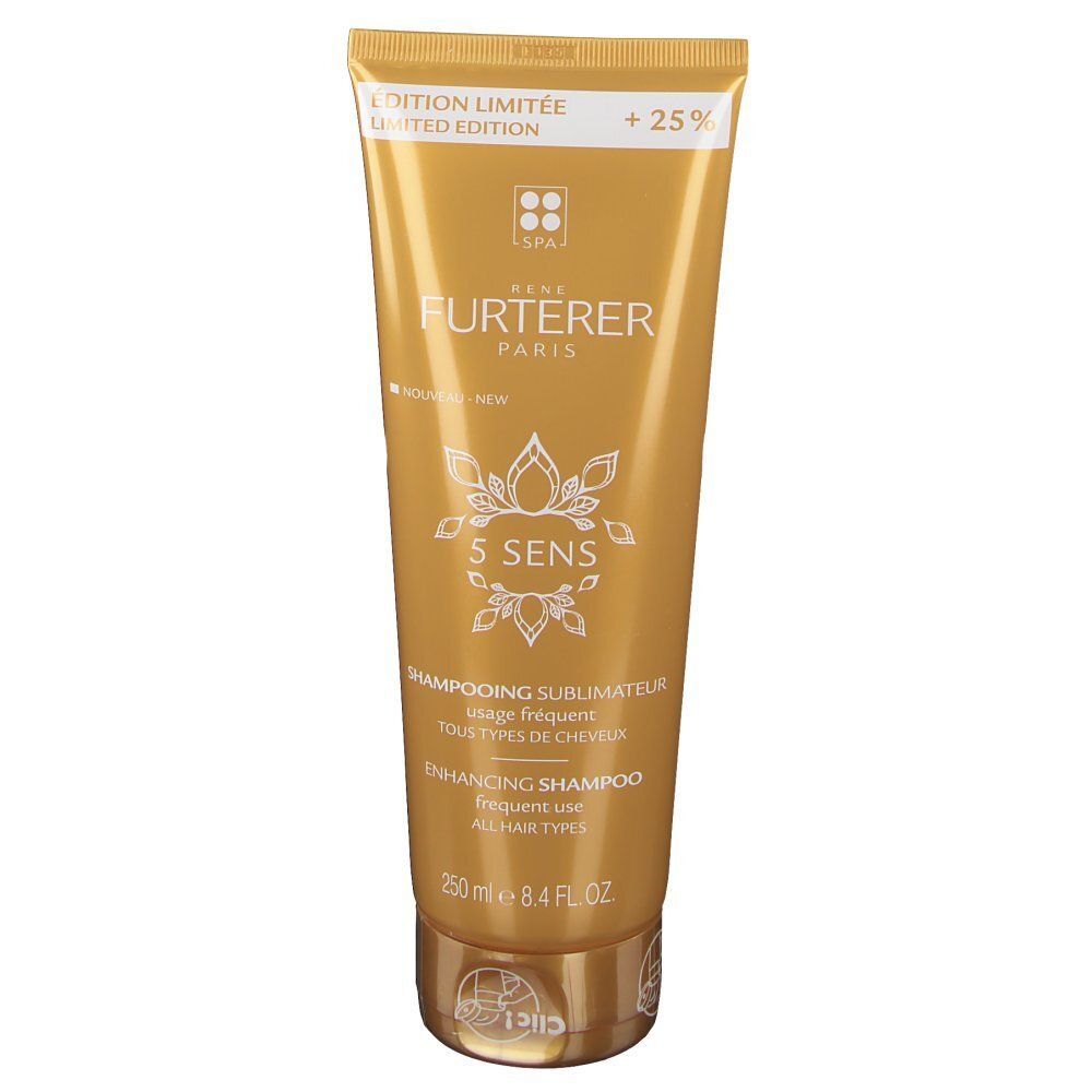 Tube doré. Rene Furterer 5 Sens Shampooing. Texte: Edition Limitée, +25%, 5 Sens, Shampooing sublimateur, 250 ml.