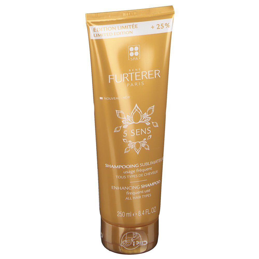 Tube doré. Rene Furterer 5 Sens Shampooing. Texte: Edition Limitée, +25%, 5 Sens, Shampooing sublimateur, 250 ml.