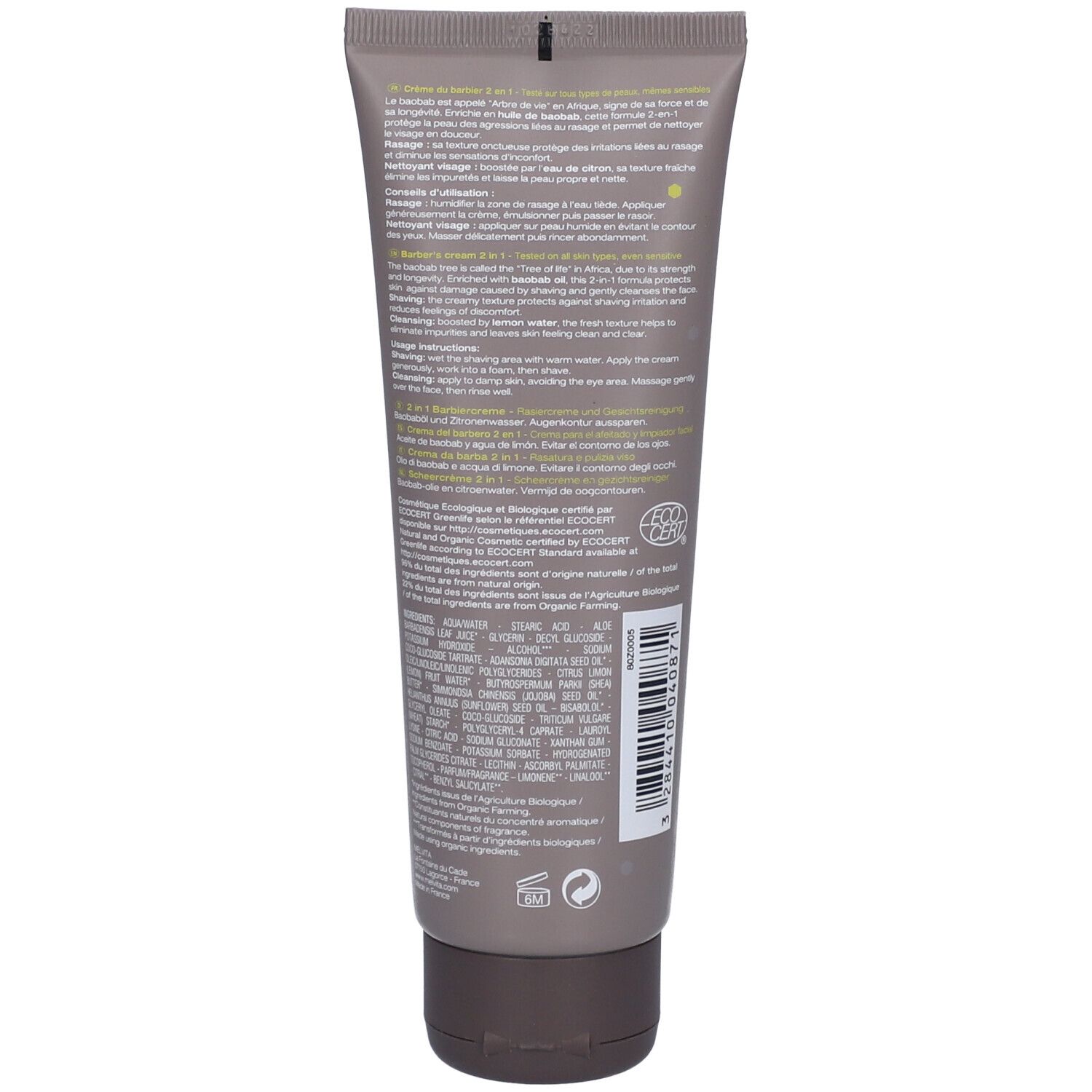Tube grise avec texte et code-barres. Certification ECOCERT. Bouchon marron. Nom du produit non visible.