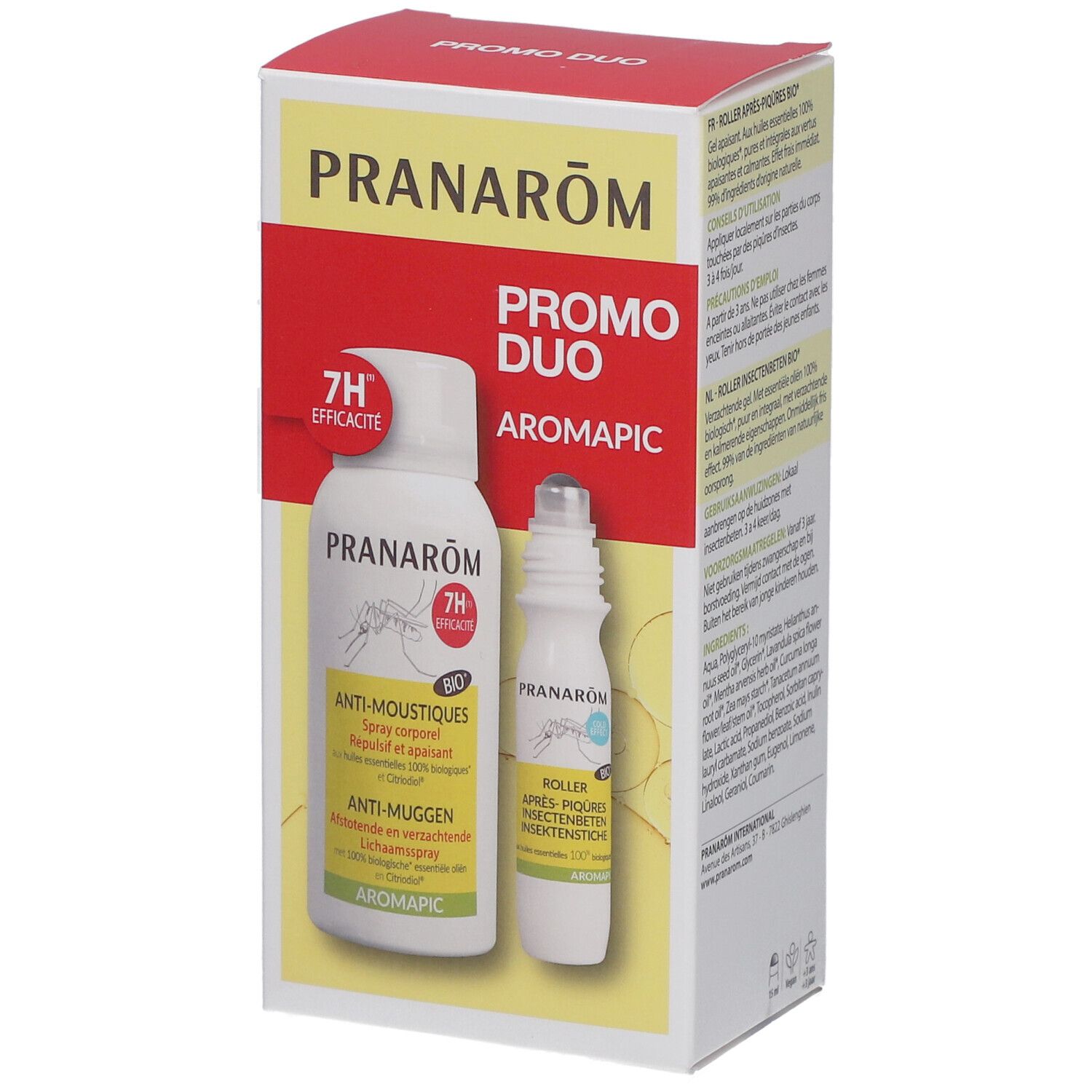 Boîte PRANAROM avec spray et roller. Inscription: PROMO DUO, AROMAPIC. Efficacité 7H.