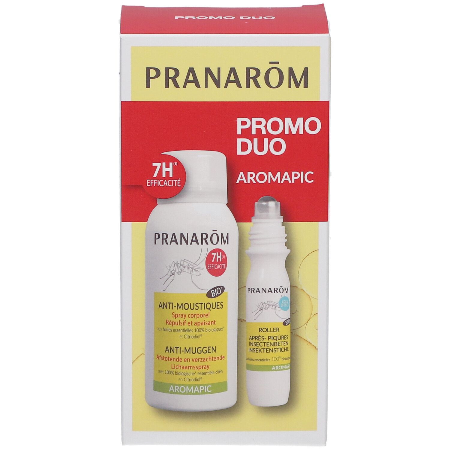 Boîte PRANAROM avec spray et roller. Inscription: PROMO DUO, AROMAPIC. Efficacité 7H.