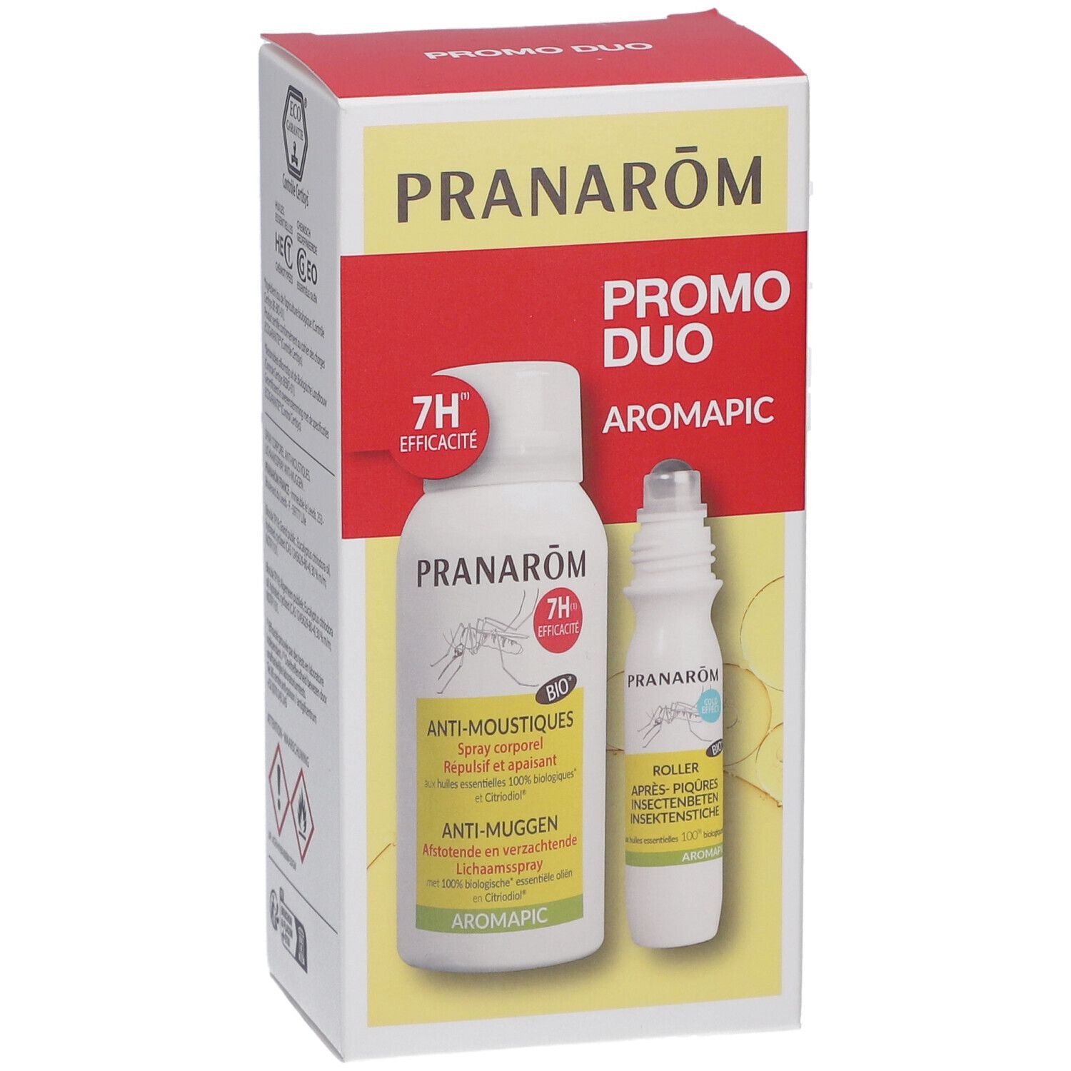 Boîte PRANAROM avec spray et roller. Inscription: PROMO DUO, AROMAPIC. Efficacité 7H.
