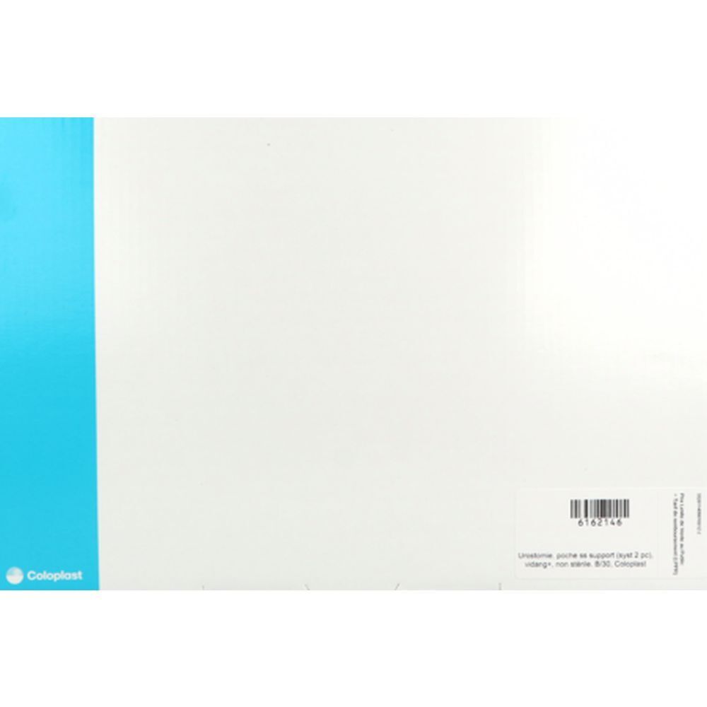 Emballage blanc avec bande bleue et logo Coloplast. Texte: Urostomie, poche à support (syst. 2 pcs), non stérile, B30, Coloplast.