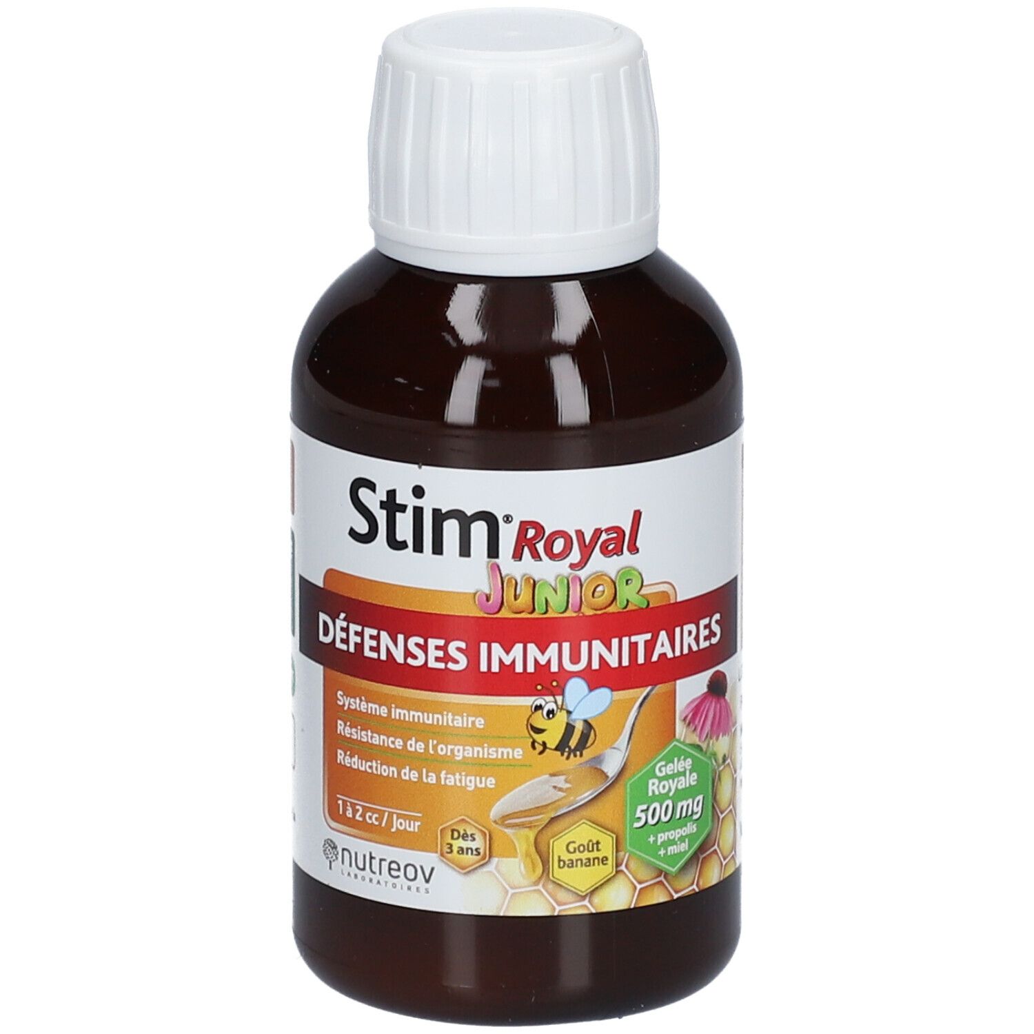 Flacon marron, bouchon blanc. Inscription: Stim Royal Junior Défenses immunitaires. Contient miel, gelée royale et propolis.