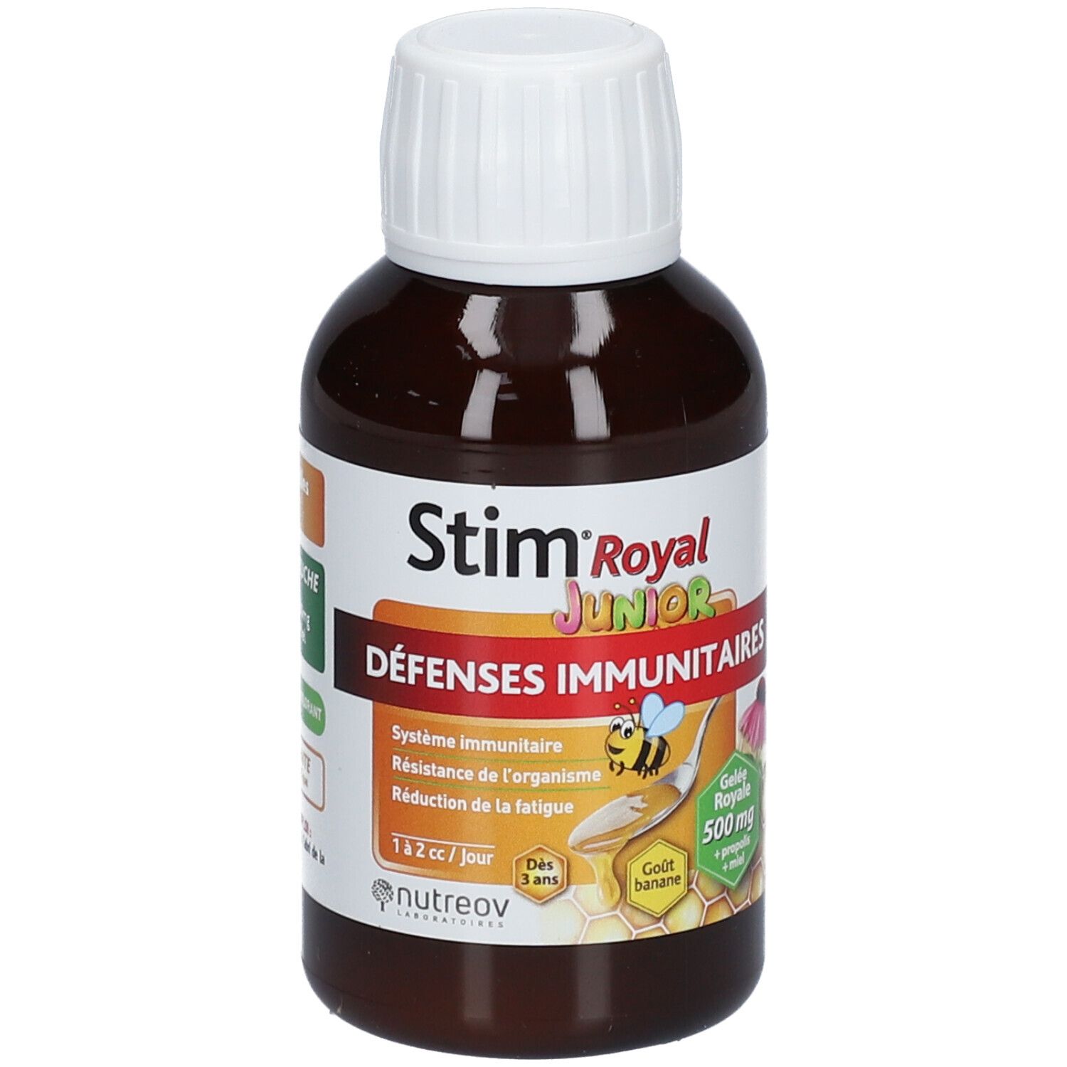 Flacon marron, bouchon blanc. Inscription: Stim Royal Junior Défenses immunitaires. Contient miel, gelée royale et propolis.