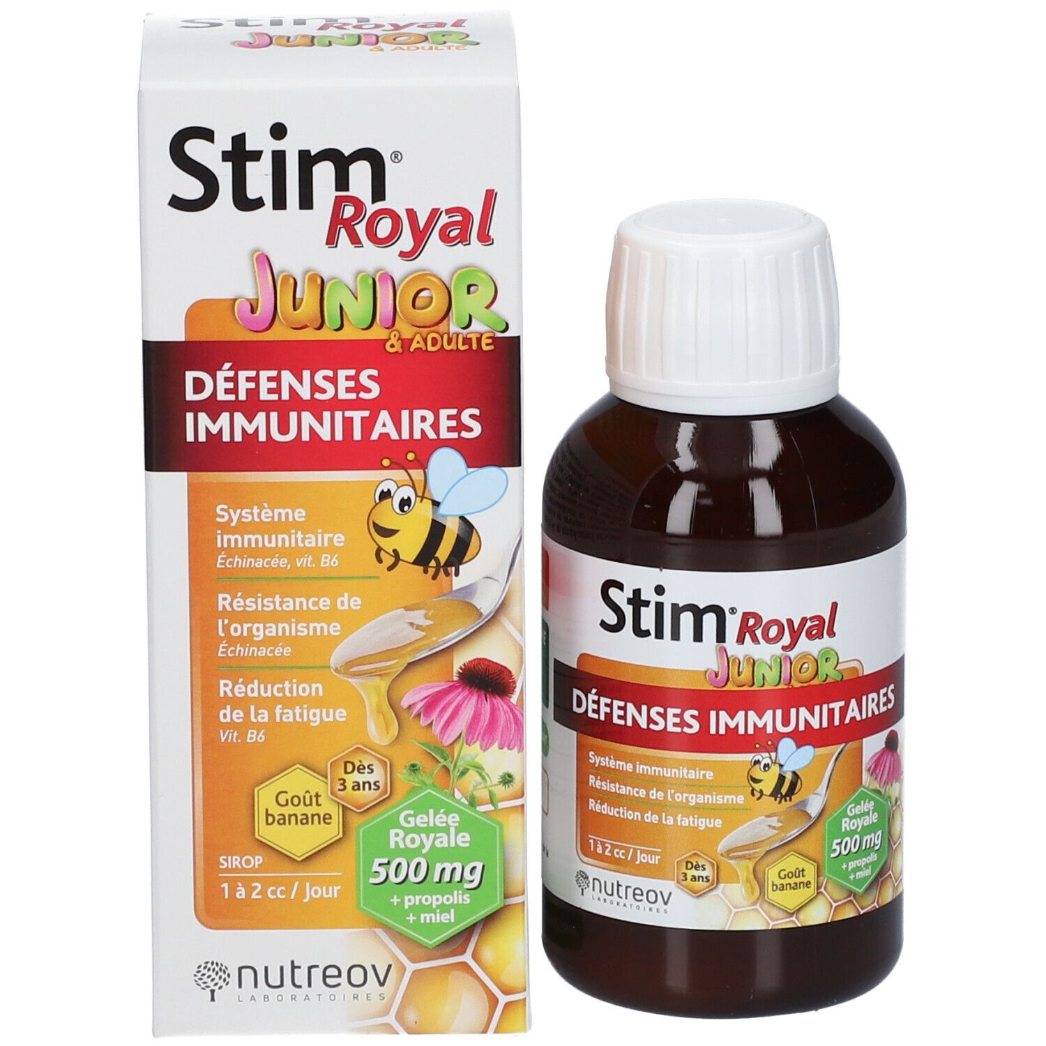 Emballage et flacon. Inscription: Stim Royal Junior & Adulte Défenses immunitaires. Contient miel, gelée royale et propolis.