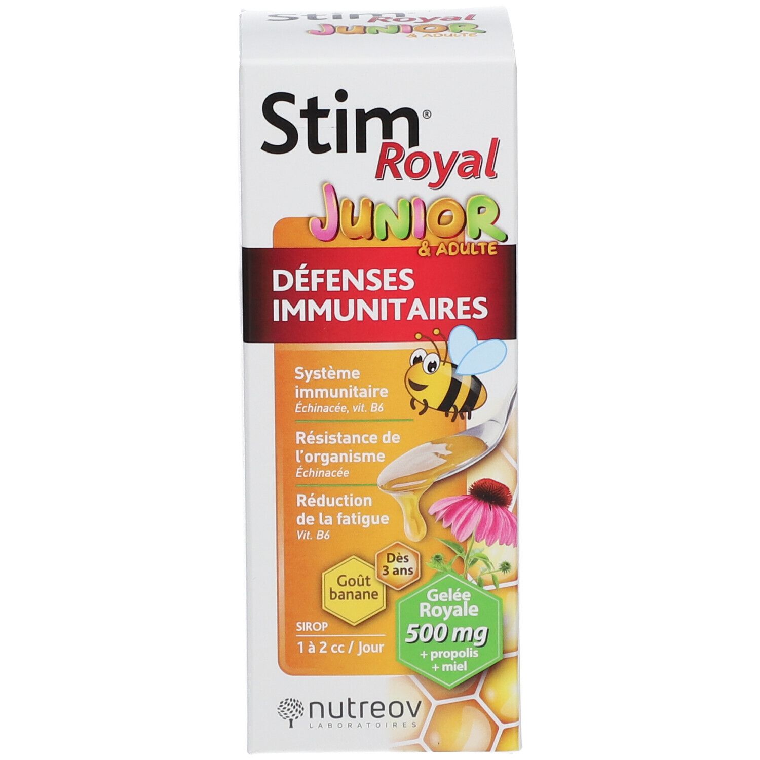Emballage du produit. Inscription: Stim Royal Junior & Adulte Défenses immunitaires. Contient miel, gelée royale et propolis.