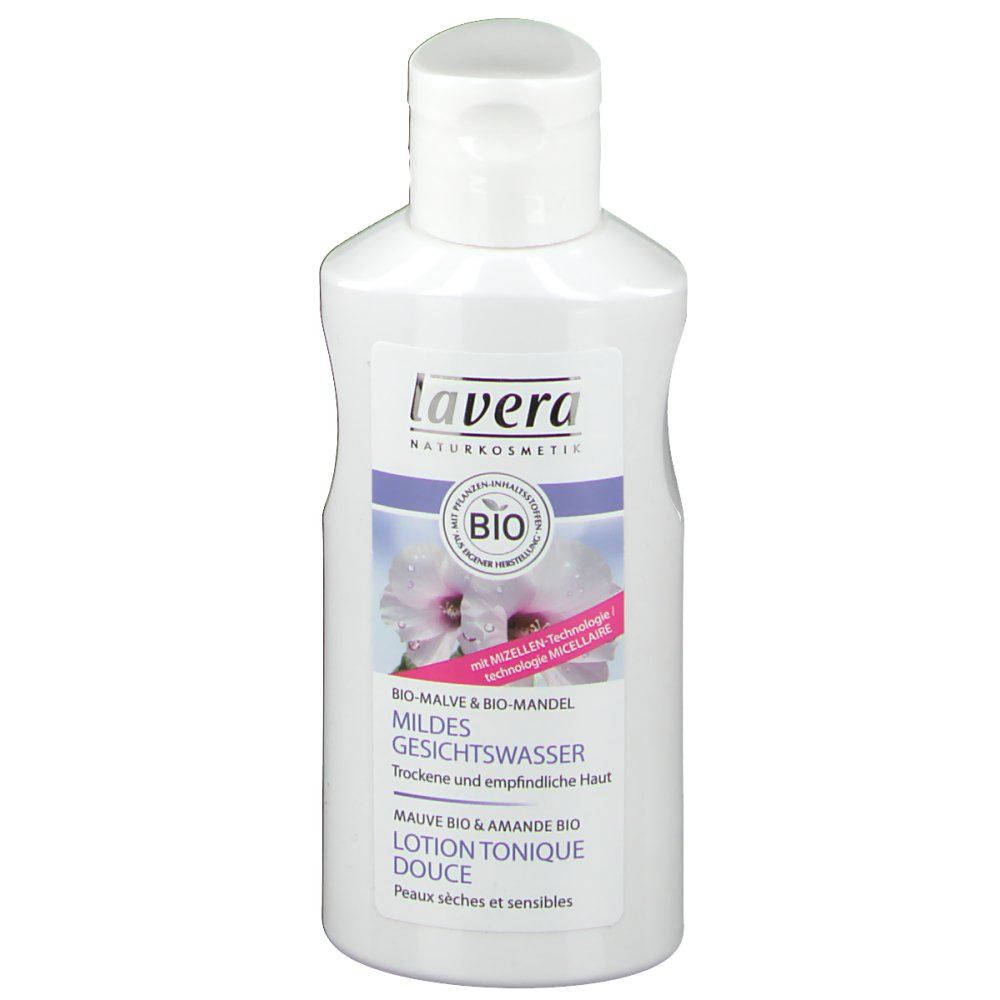 Flacon blanc avec bouchon rabattable. Étiquette avec nom du produit, marque lavera et label bio. Illustration florale.