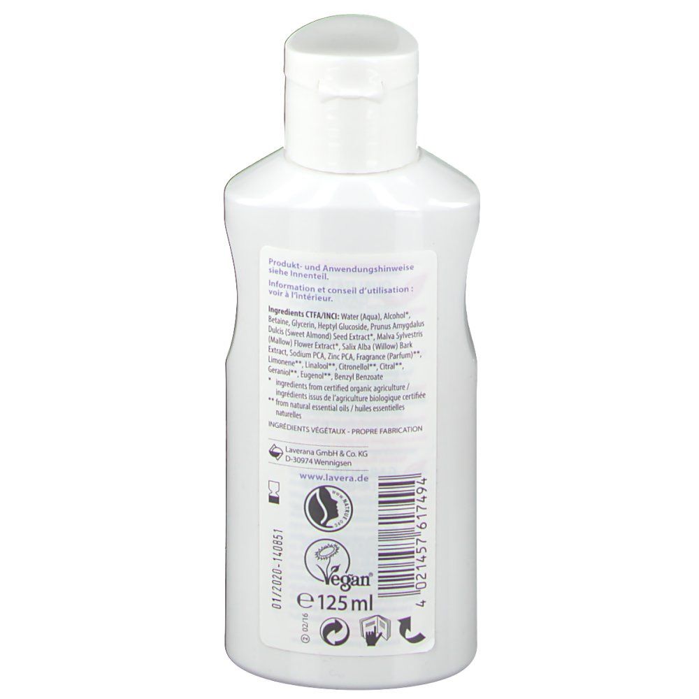 Dos du flacon blanc avec bouchon rabattable. Étiquette avec ingrédients, label vegan et indication de volume.