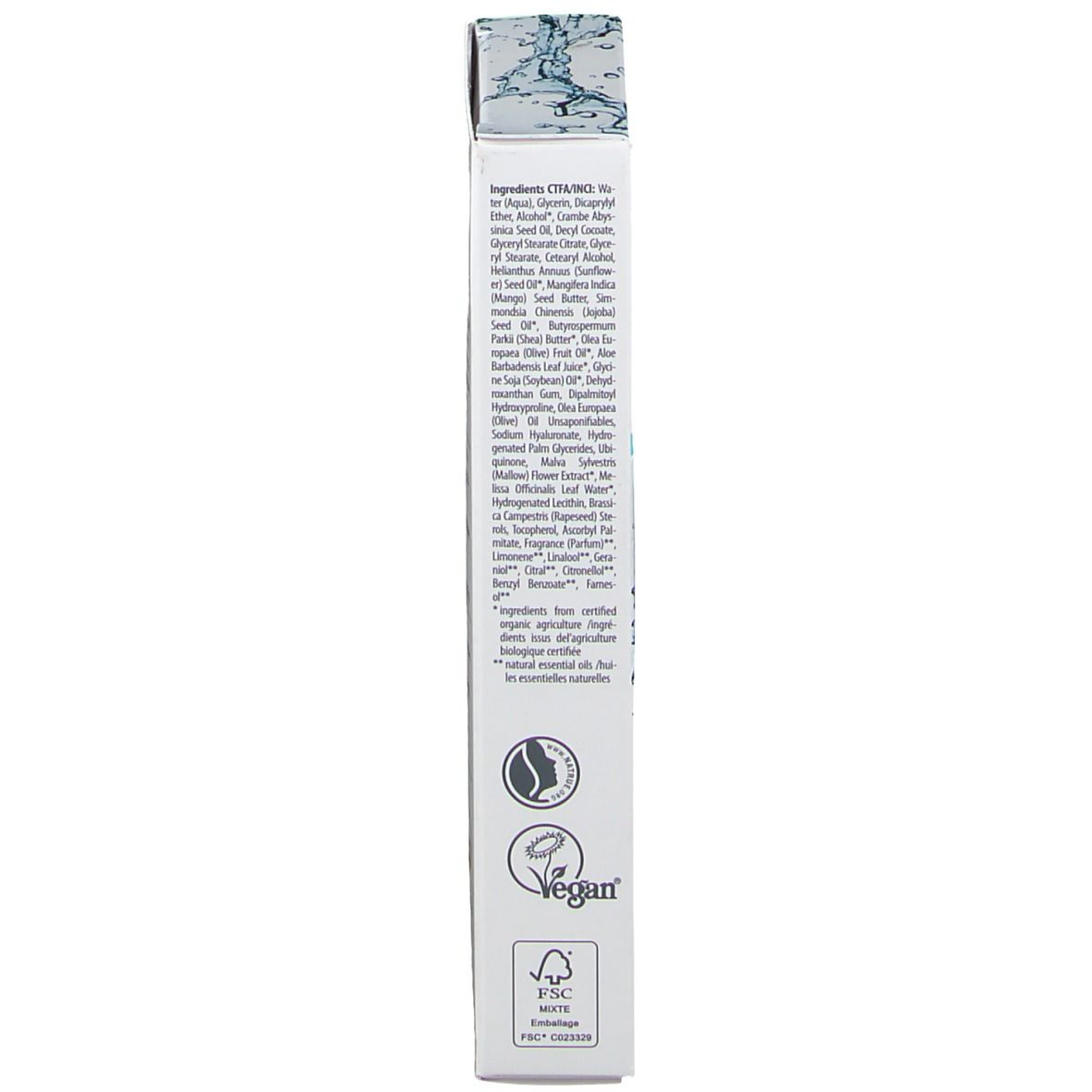Emballage de la crème pour les yeux anti-rides lavera® Basis Sensitiv. Dos avec ingrédients, label Vegan, certification FSC.
