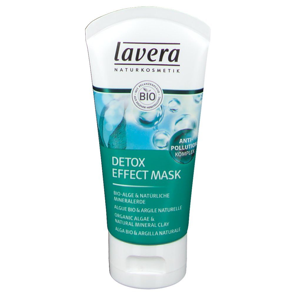 Tube blanche et verte avec logo "lavera" et "Detox Effect Maske". Label bio et complexe anti-pollution.