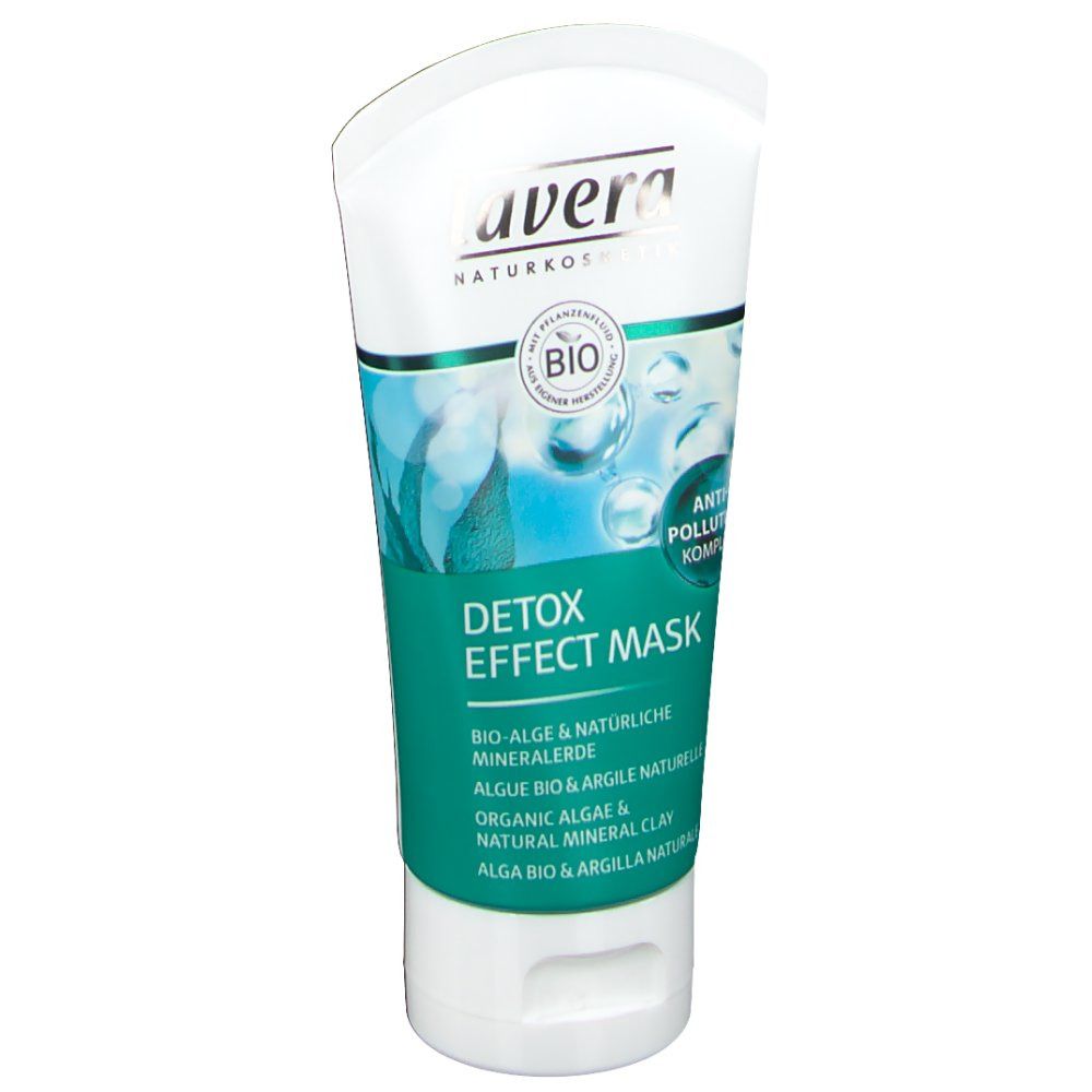 Vue de face du tube. Blanc et vert, avec logo "lavera" et "Detox Effect Maske". Label bio et complexe anti-pollution.