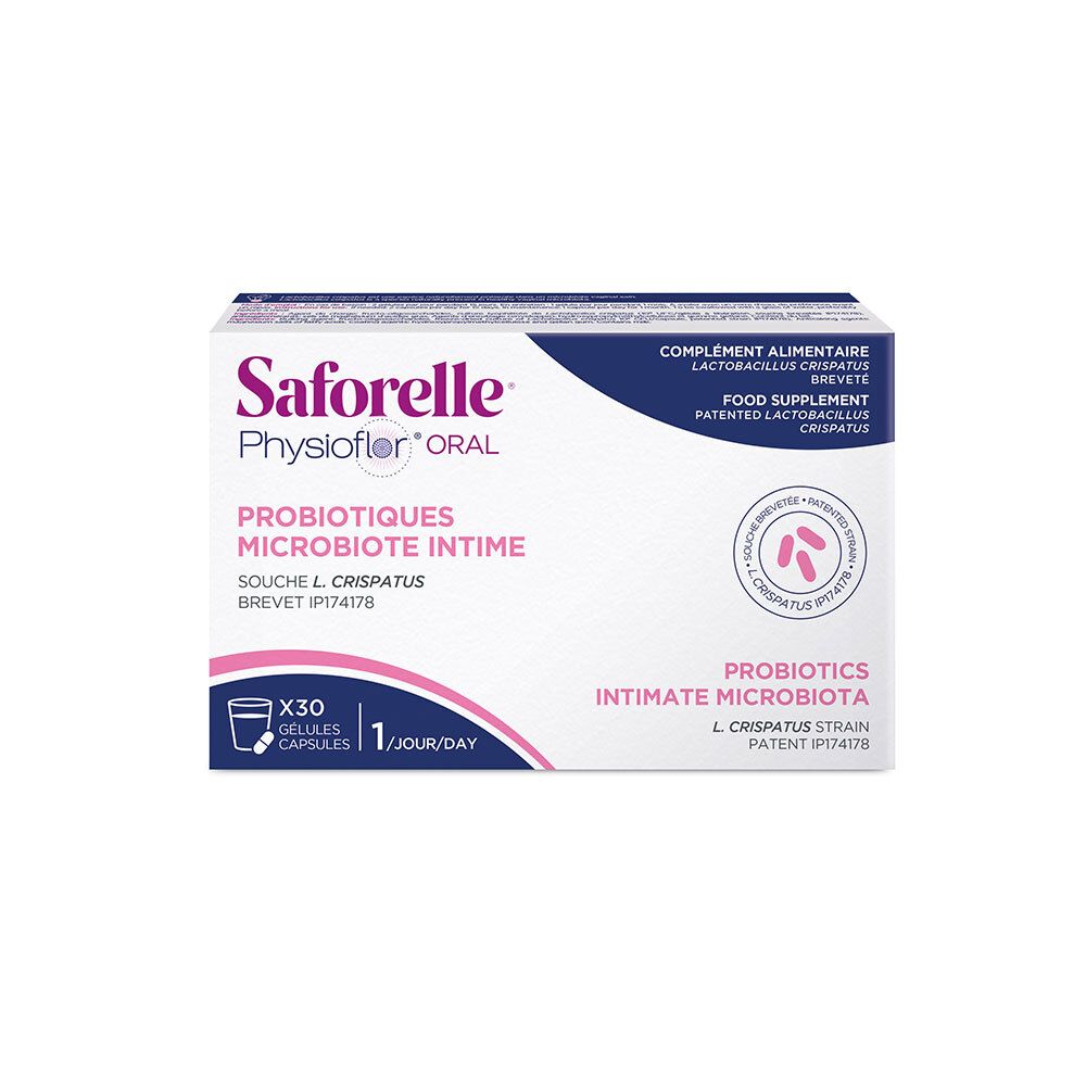 Boîte de Saforelle Physioflor Oral, probiotiques pour le microbiote intime, 30 gélules.