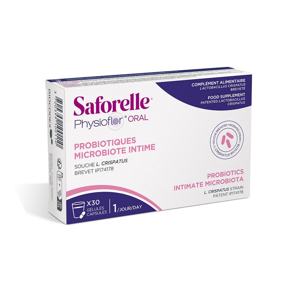 Boîte de Saforelle Physioflor Oral, probiotiques pour le microbiote intime, 30 gélules.