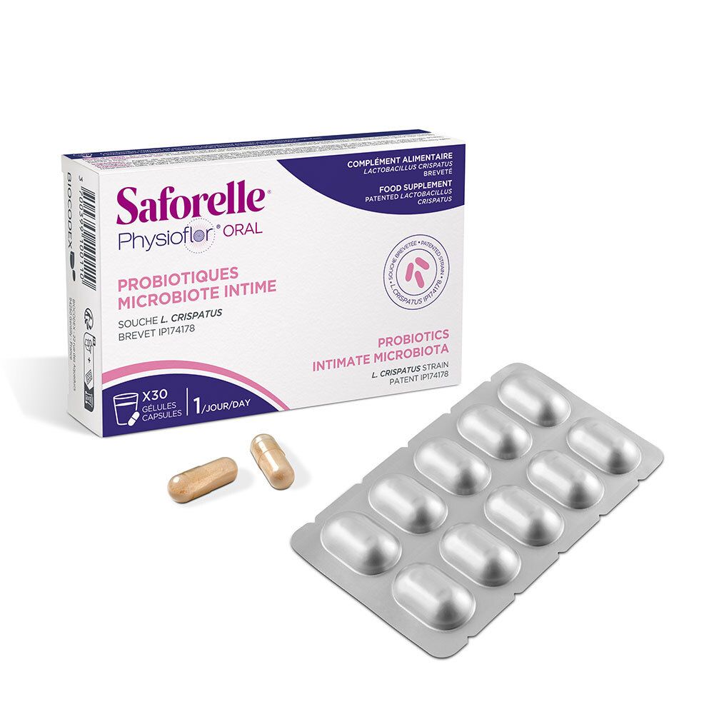 Boîte Saforelle Physioflor Oral avec un blister et deux gélules, 30 unités.
