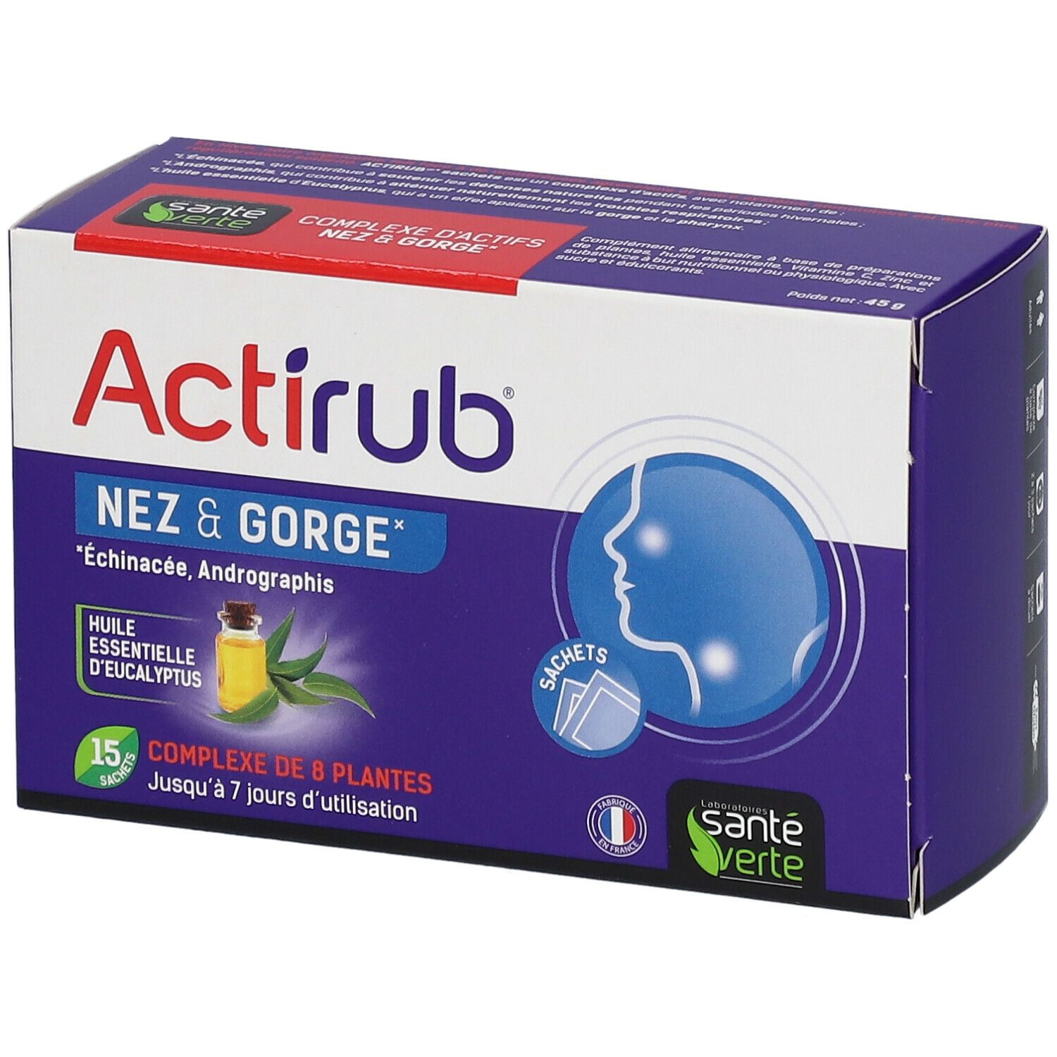 Boîte Actirub Nez & Gorge. Violet, avec nom du produit, ingrédients et logo Santé Verte.