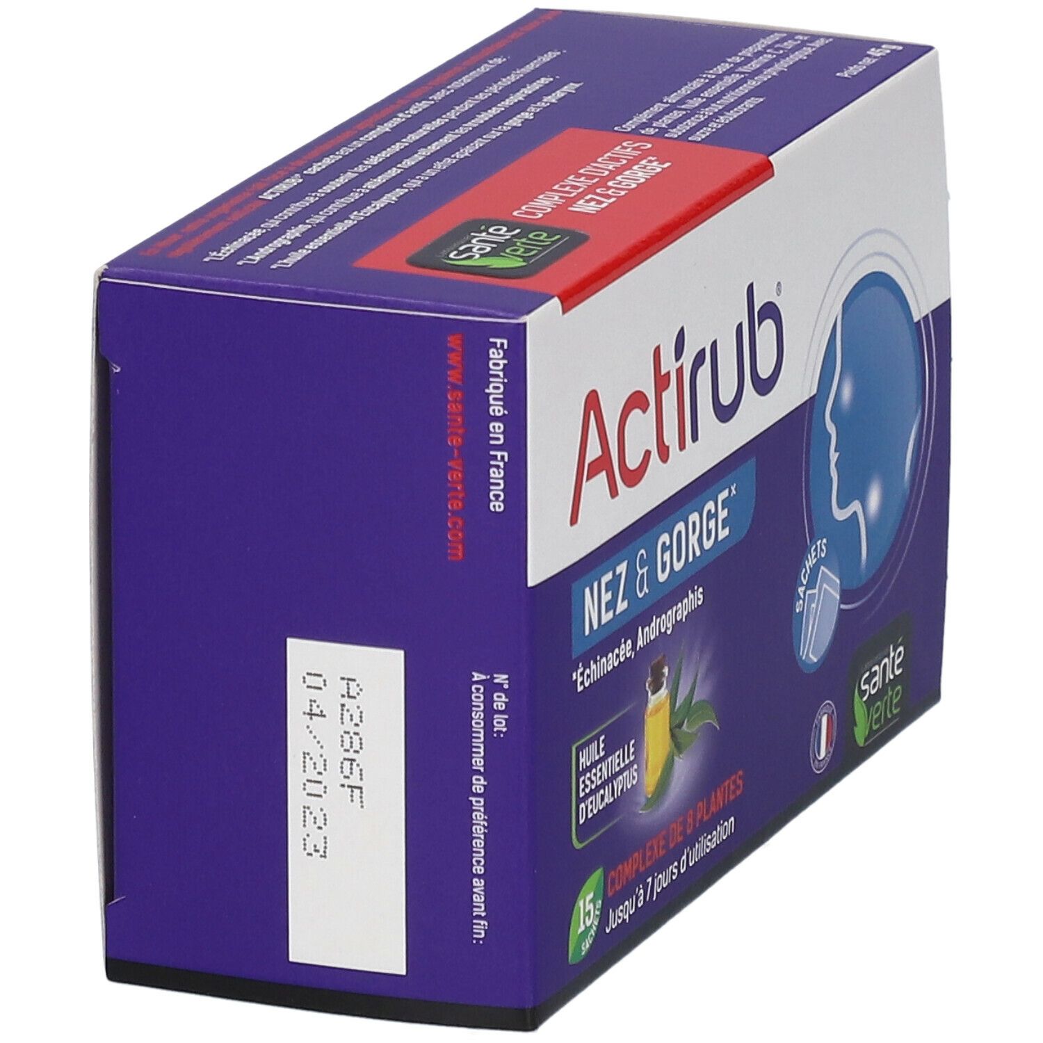 Boîte Actirub Nez & Gorge. Violet, avec nom du produit, date de péremption et logo.