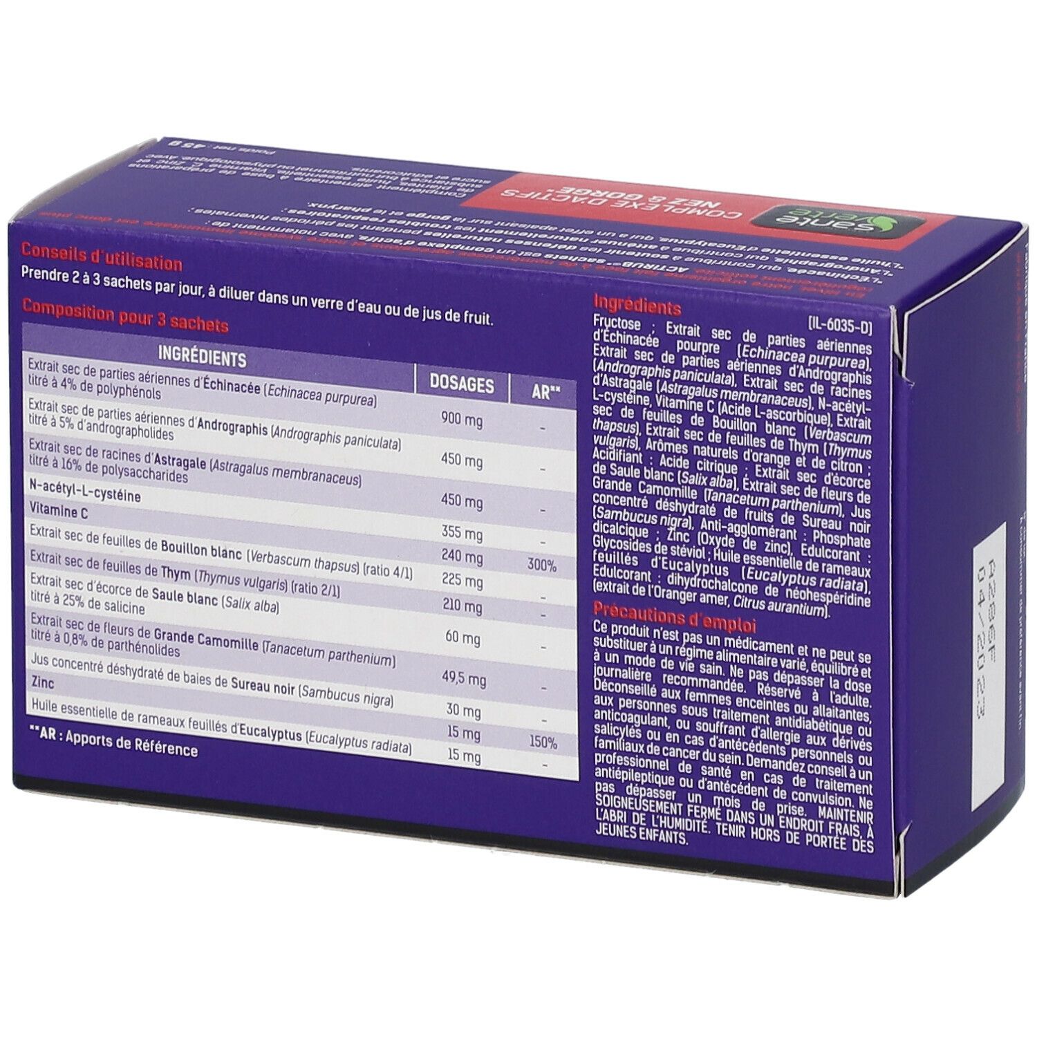 Dos de la boîte Actirub Nez & Gorge. Ingrédients et informations nutritionnelles imprimées.