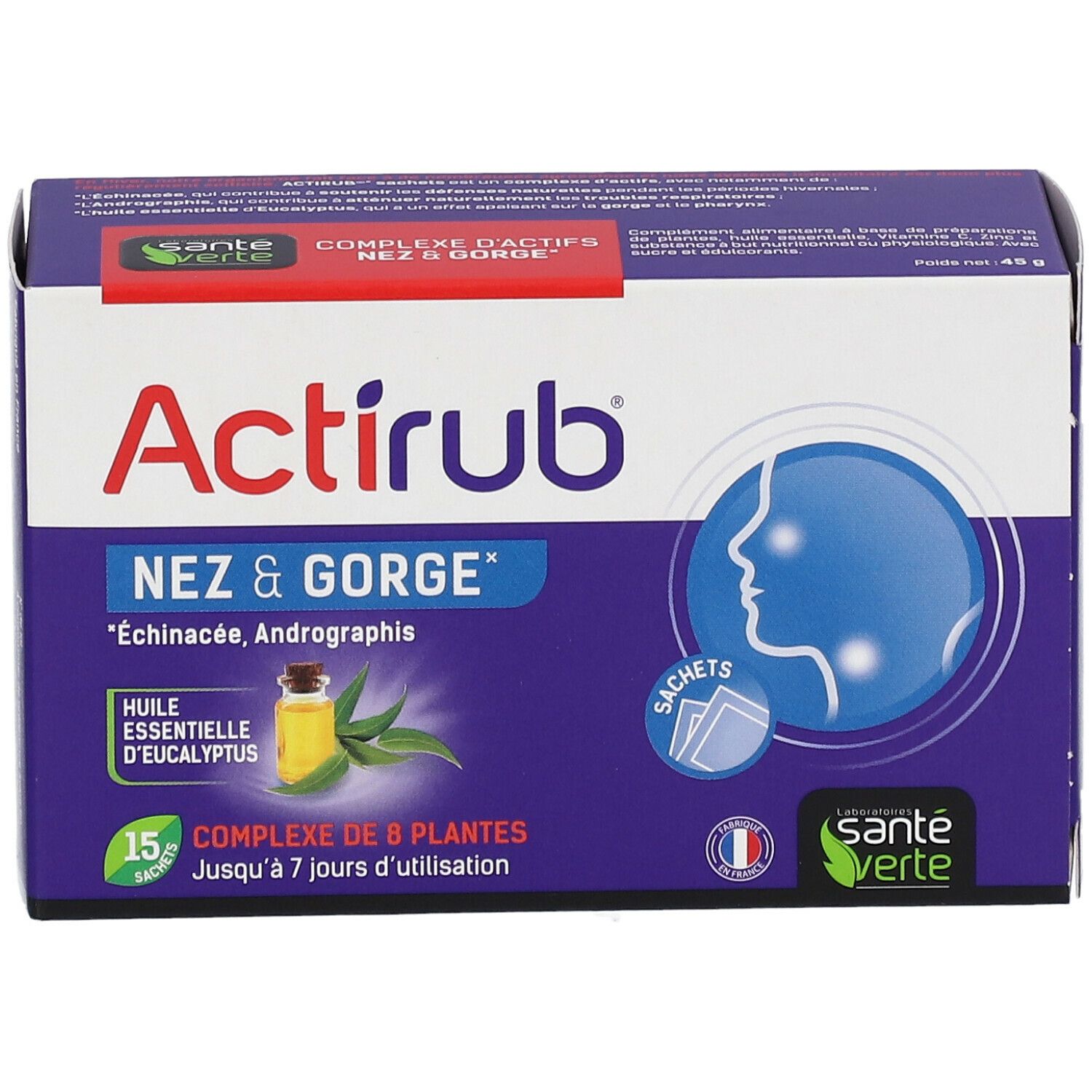 Boîte Actirub Nez & Gorge. Violet, avec nom du produit, ingrédients et logo Santé Verte.