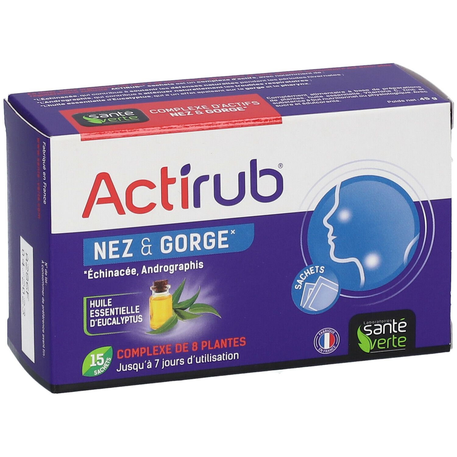 Boîte Actirub Nez & Gorge. Violet, avec nom du produit, ingrédients et logo Santé Verte.
