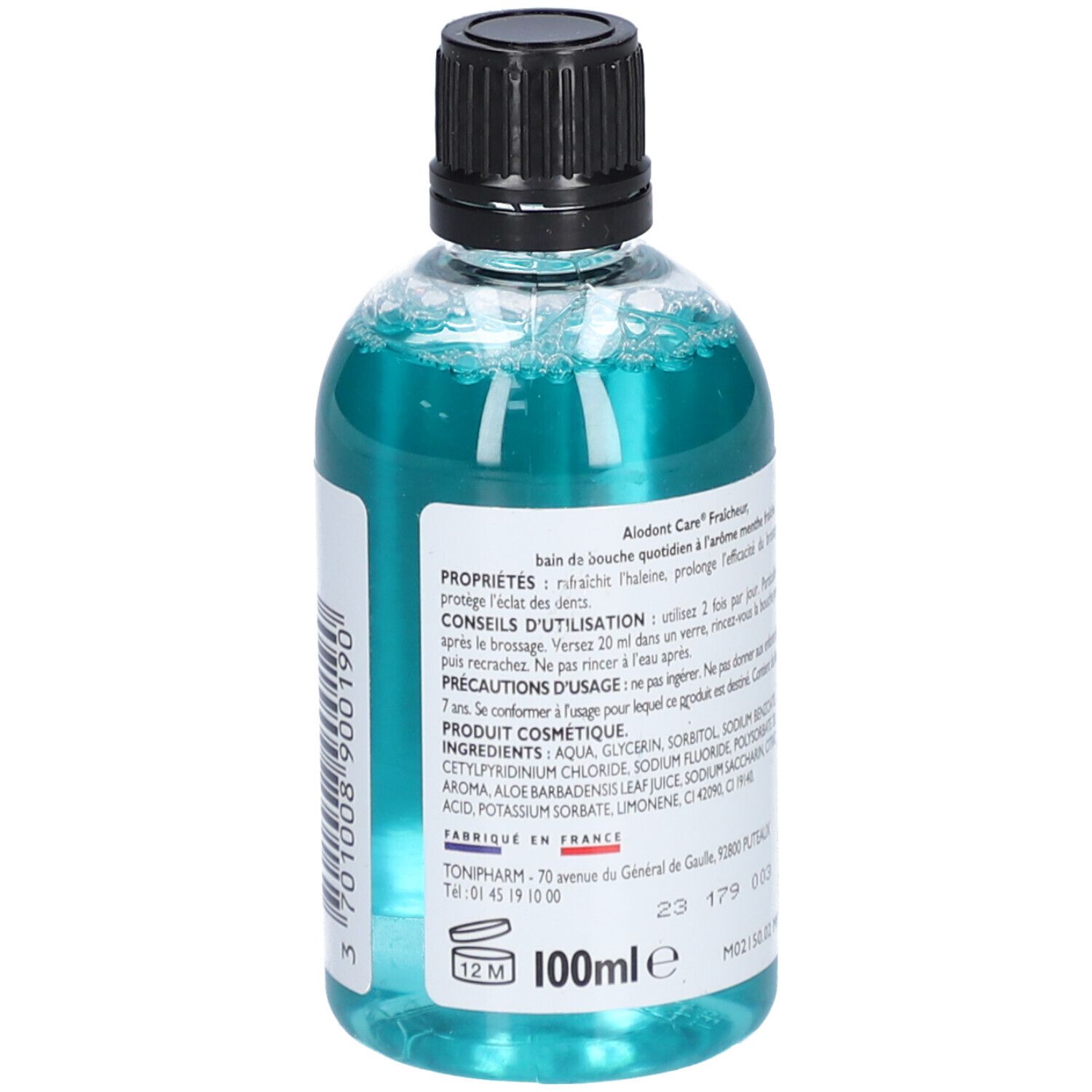 Flacon transparent avec liquide bleu et bouchon noir. Dos avec texte. 100 ml.