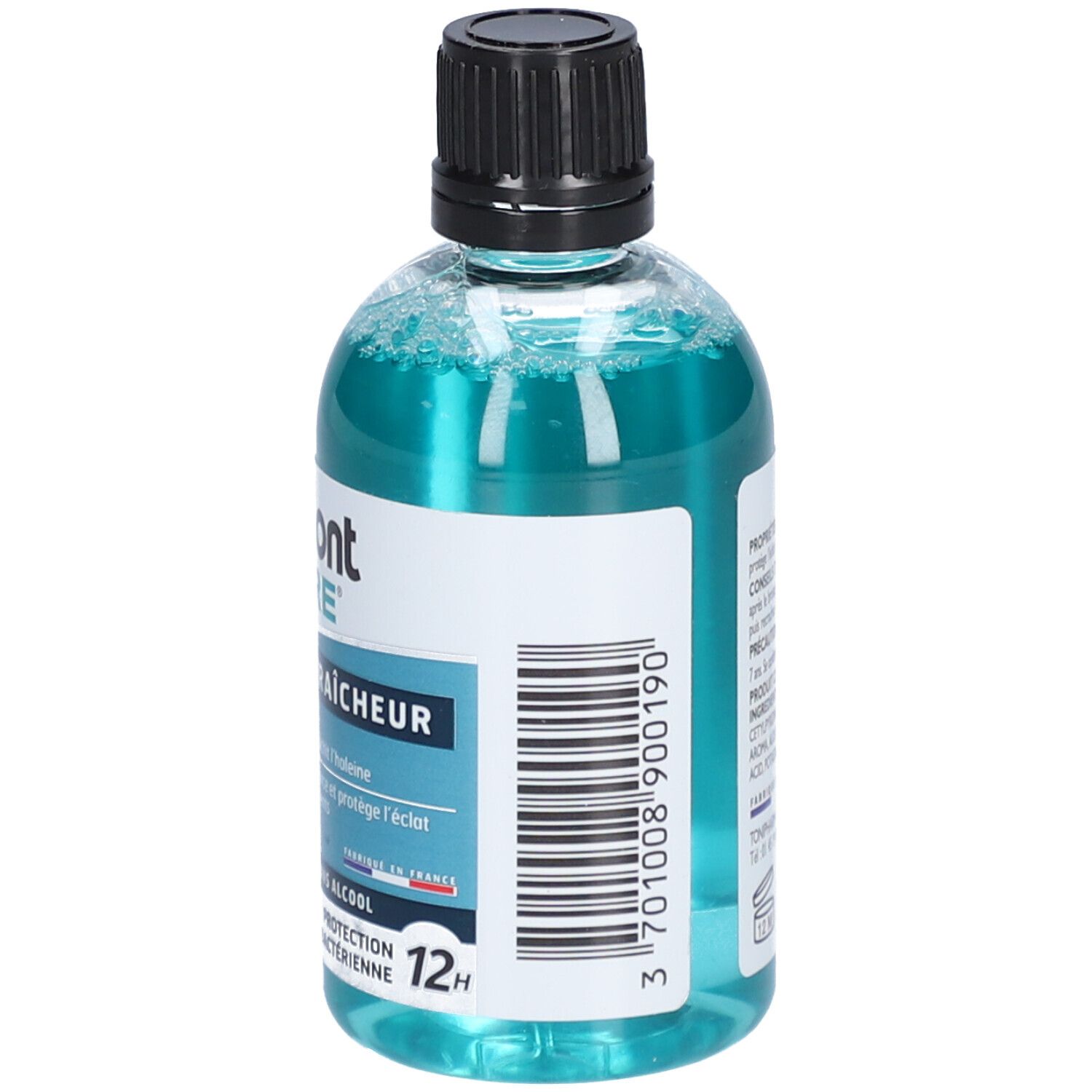 Flacon transparent avec liquide bleu et bouchon noir. Dos avec texte et code-barres. 100 ml.