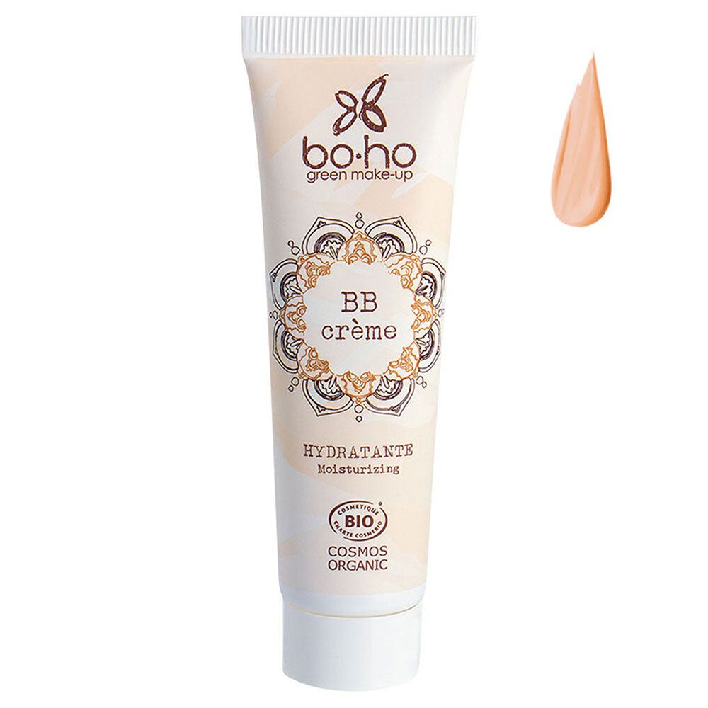 Tube de BB Crème Beige Rose. Inscriptions: marque, BB Crème, Hydratante, COSMOS ORGANIC. Échantillon de couleur à côté.