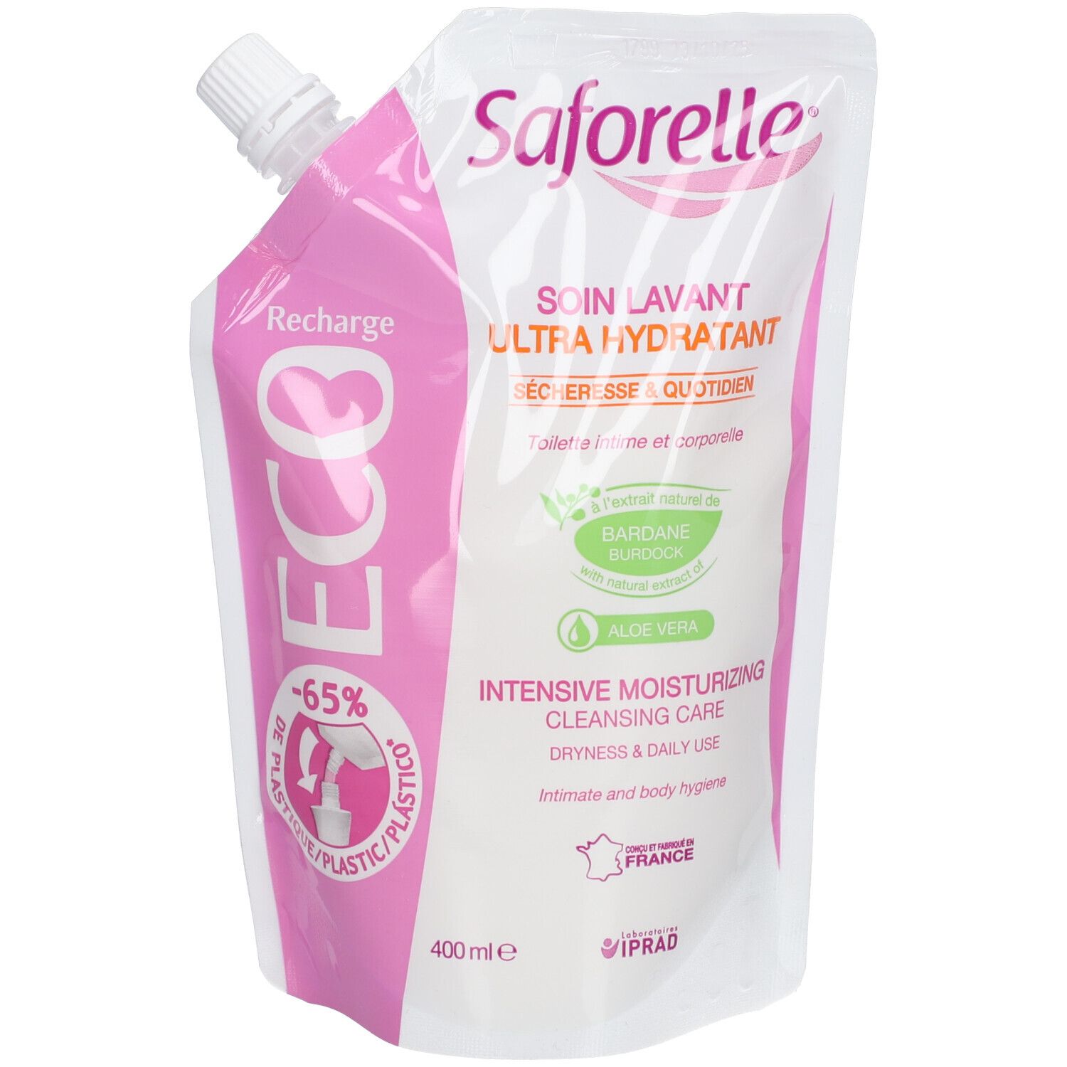 Recharge Saforelle, rose et blanc. Nom du produit, texte et certifications. Bec verseur en haut.