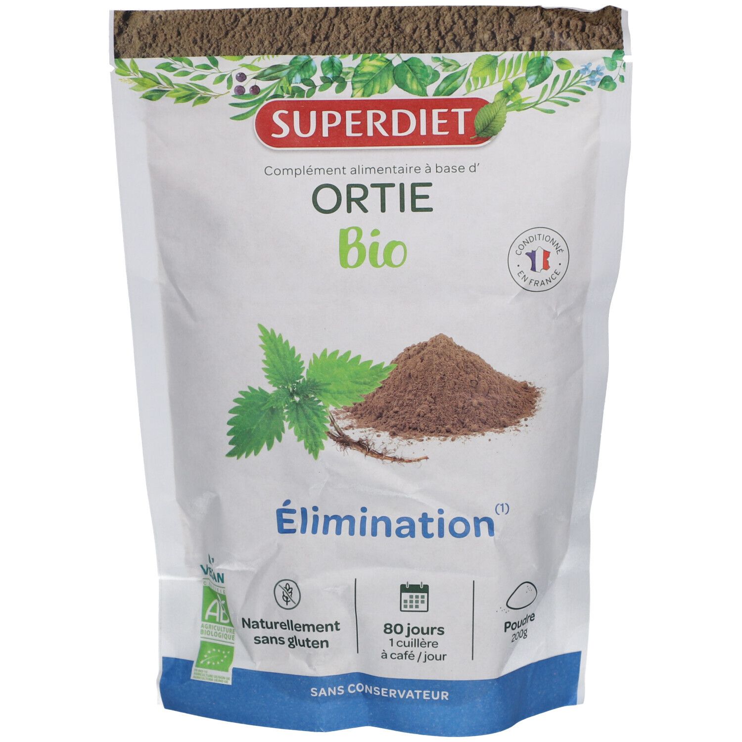 Sachet de SUPERDIET ORTIE Bio Poudre. Poudre brune, illustration d'ortie, texte Élimination, label bio.