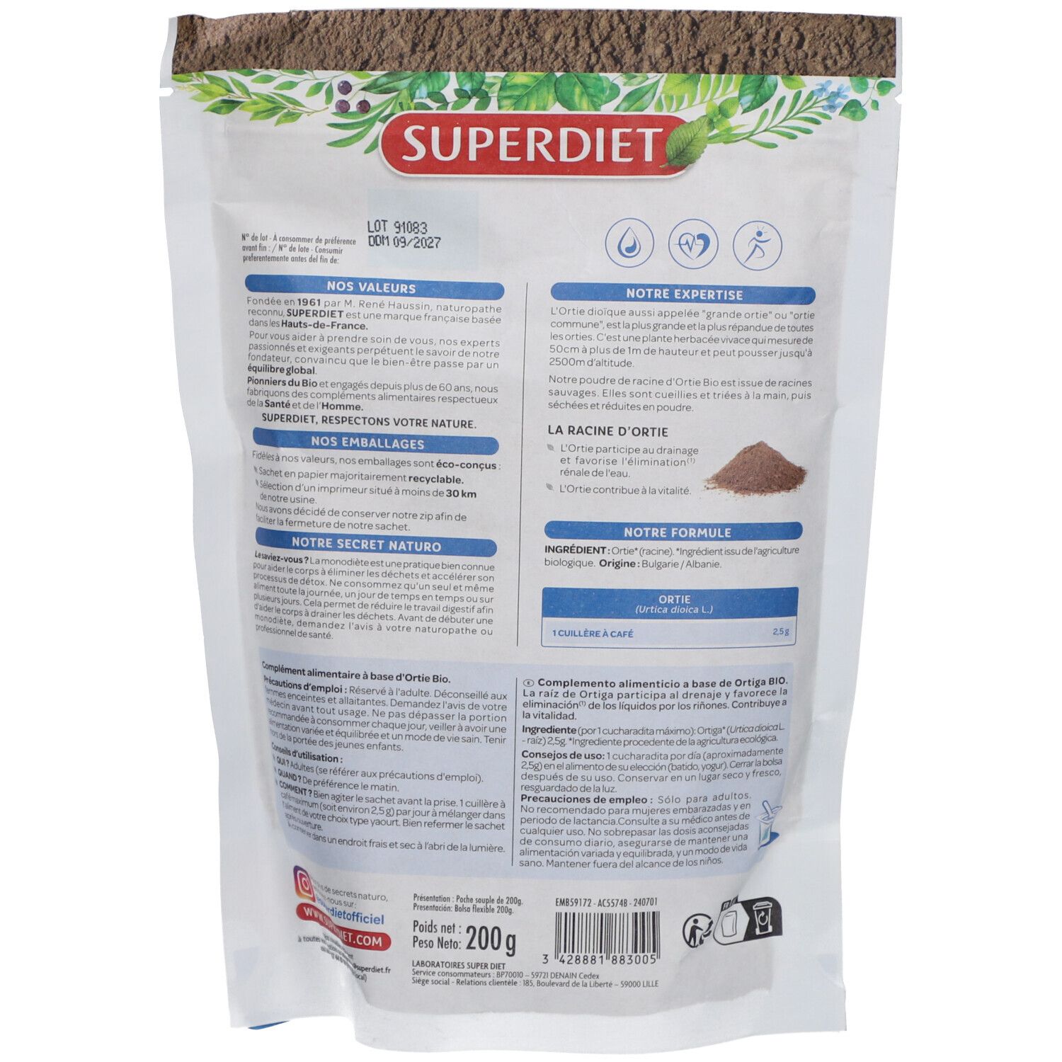 Dos du sachet SUPERDIET ORTIE Bio Poudre. Texte, ingrédients, logo, informations sur la marque et certifications.