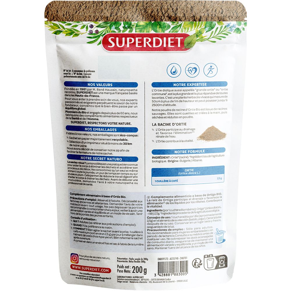 Dos du paquet SUPERDIET ORTIE BIO POUDRE. Informations textuelles, ingrédients, valeurs nutritionnelles et fabricant.