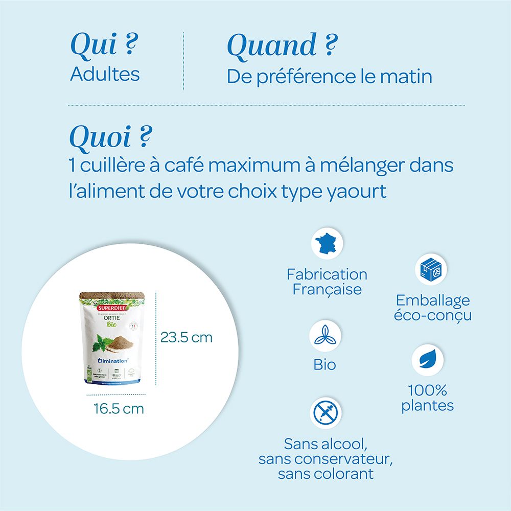 Infographie avec paquet SUPERDIET ORTIE BIO POUDRE. Informations sur les ingrédients, l'utilisation et les certifications.