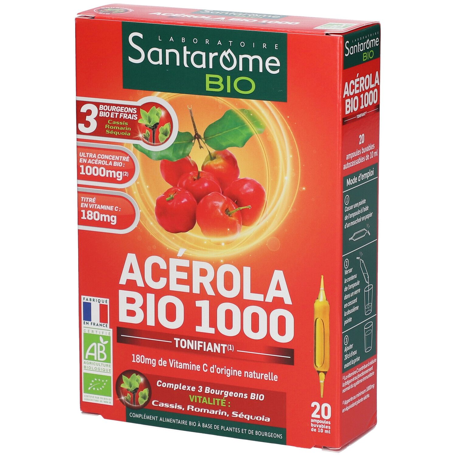 Boîte rouge avec nom du produit et illustration de cerises acérola. Contient 20 ampoules. Label AB Bio.