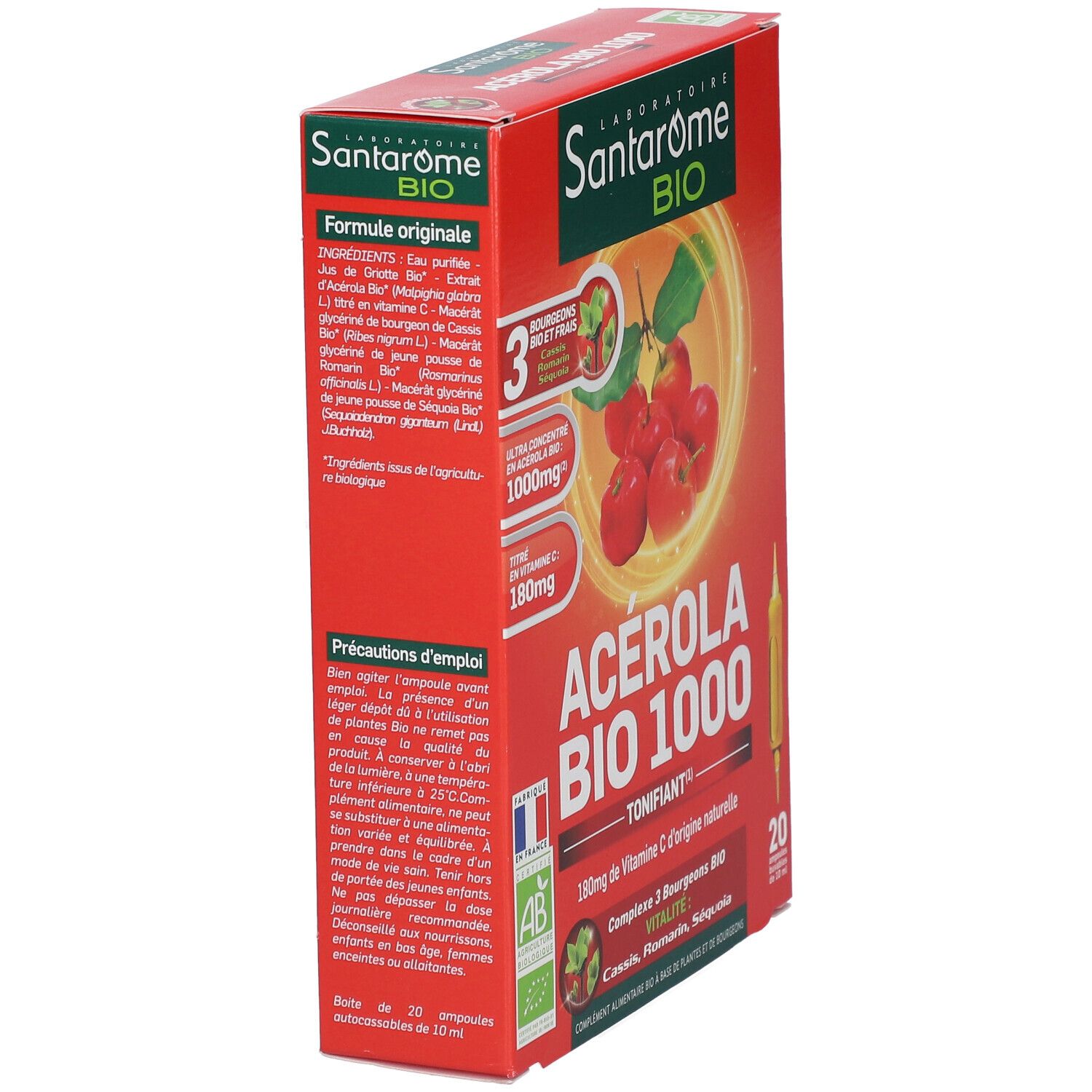 Boîte rouge, vue latérale. Nom du produit et ingrédients visibles. Label AB Bio.