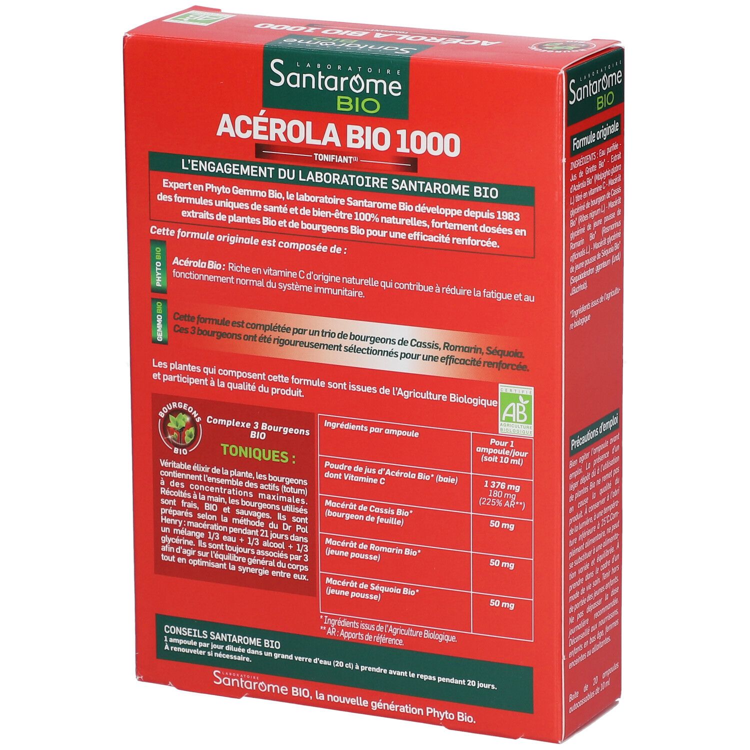 Dos de la boîte rouge. Informations textuelles sur le produit et les ingrédients. Label AB Bio.