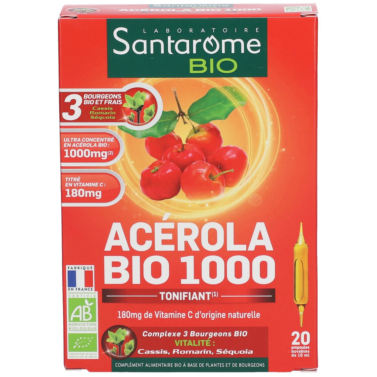 Boîte rouge avec nom du produit et illustration de cerises acérola. Contient 20 ampoules. Label AB Bio.