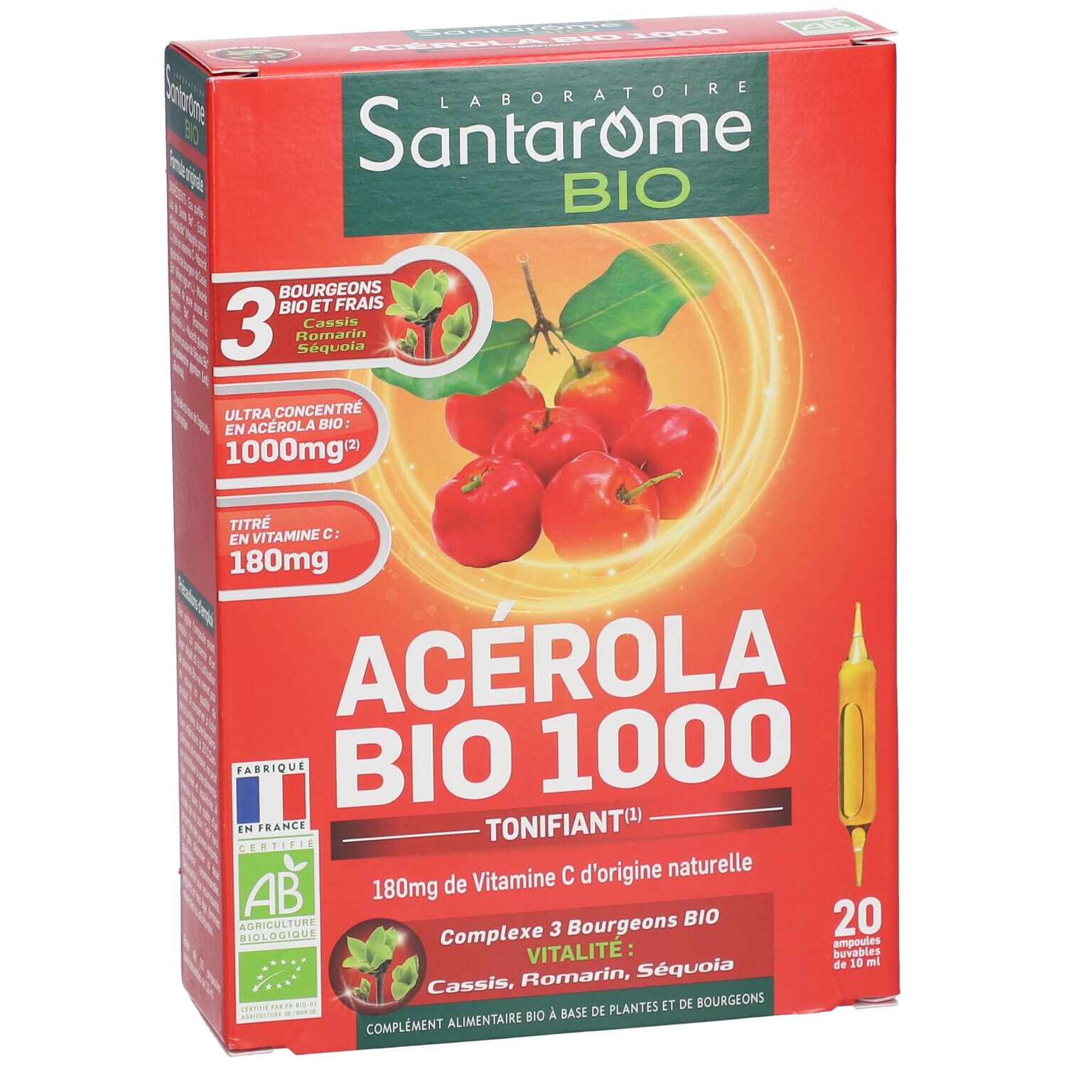 Boîte rouge avec nom du produit et illustration de cerises acérola. Contient 20 ampoules. Label AB Bio.
