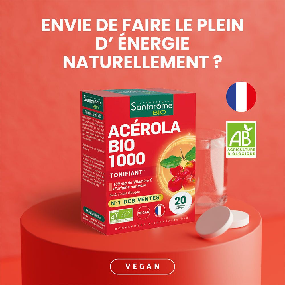 Boîte rouge et comprimés sur socle rouge. Texte: ACÉROLA BIO 1000. Drapeau français, label AB Bio.