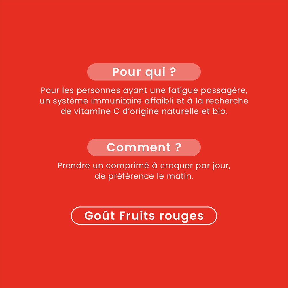 Fond rouge avec texte: Pour qui? Comment? Goût Fruits rouges.